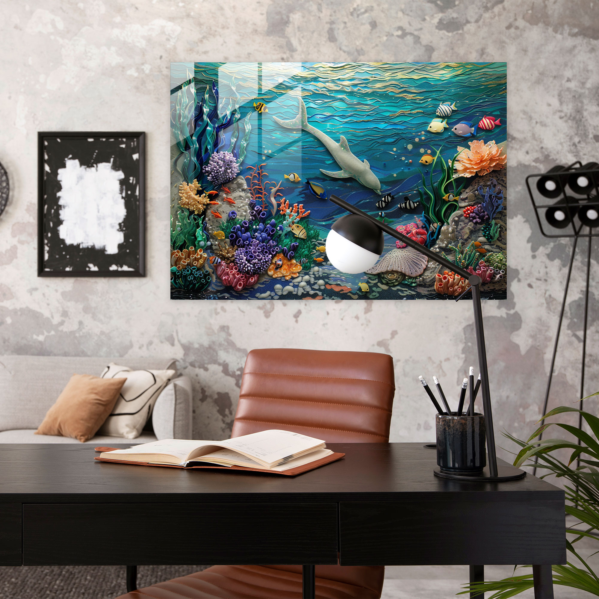 Underwater Pointillism Glass Wall Art - Pointillism, Wall Decoration, Underwater Scene, Glass Print