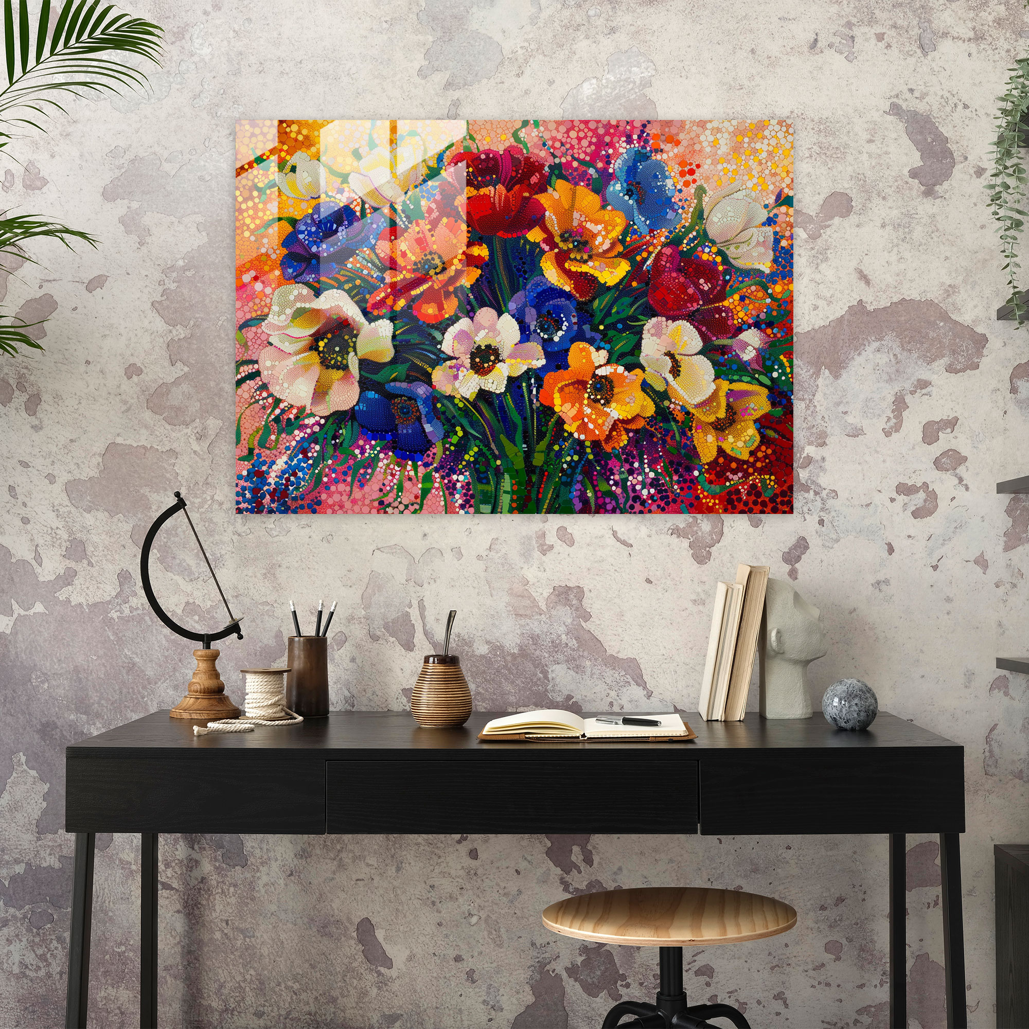 Pointillism Glass Print - Bouquet Of Flowers - Pointillism, Glass Wall Art, Pointillism, Glass Print