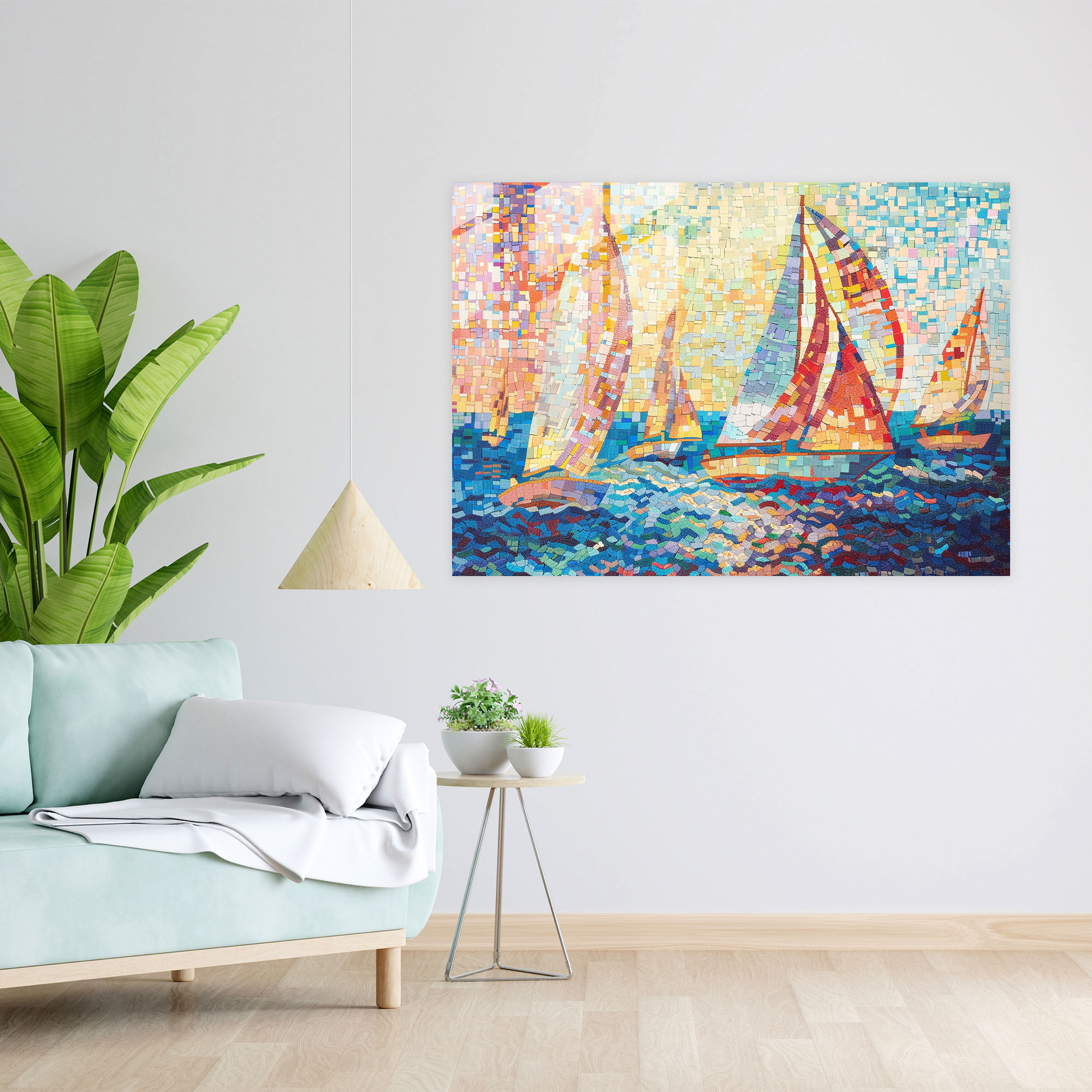 Pointillism Glass Wall Art - Seascape With Sailboats - Pointillism, Glass Wall Art, Sailboats, Seascape