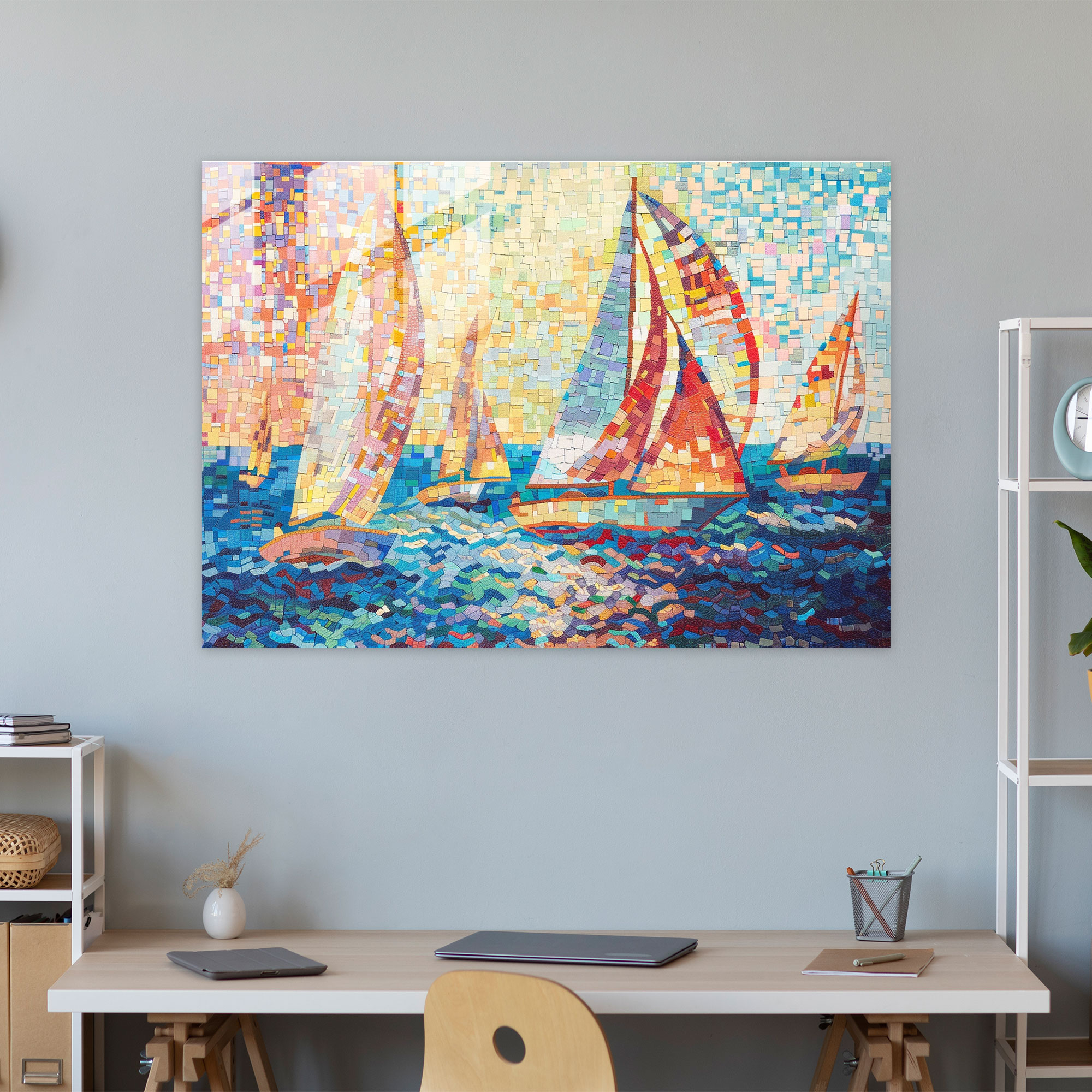 Pointillism Glass Wall Art - Seascape With Sailboats - Pointillism, Glass Wall Art, Sailboats, Seascape