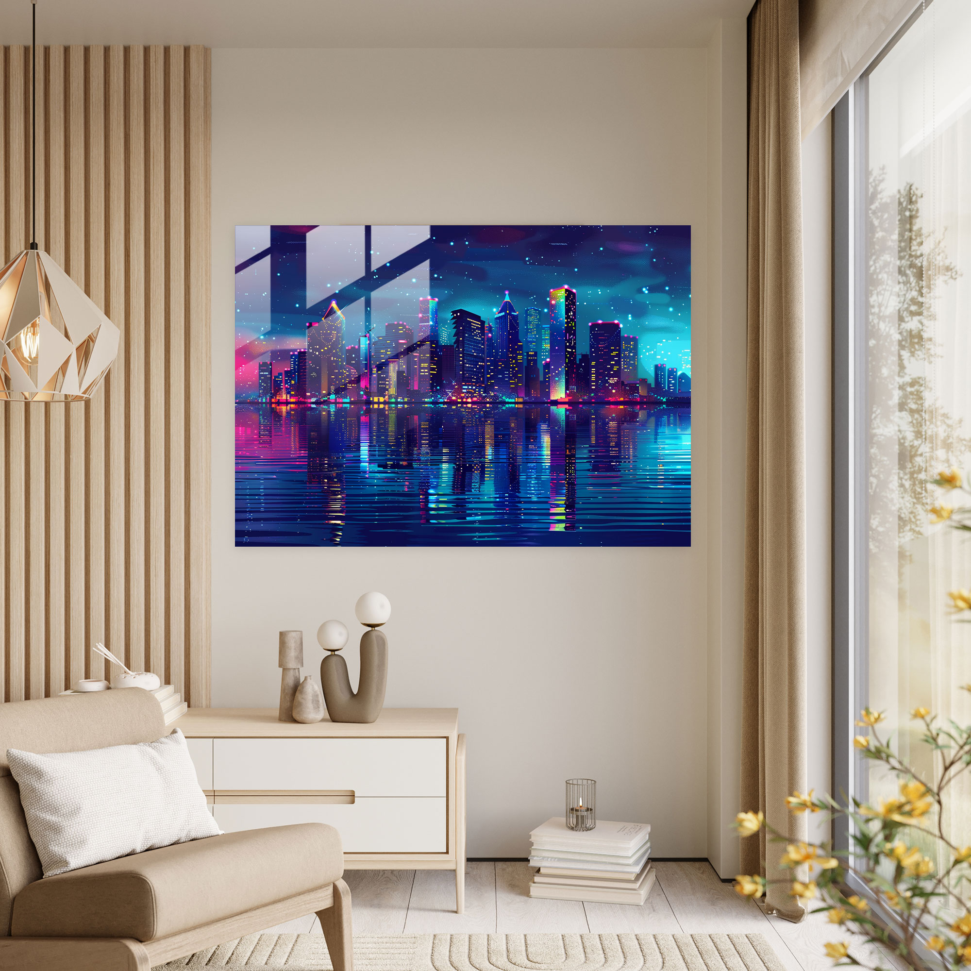 Pointillism Home Decoration - City Skyline At Night - Pointillism, Night Scene, Glass Print, Vibrant Lights