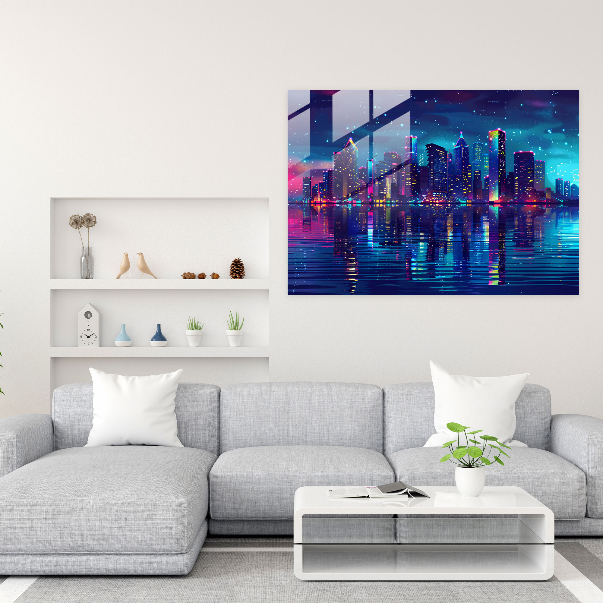 Pointillism Home Decoration - City Skyline At Night - Pointillism, Night Scene, Glass Print, Vibrant Lights