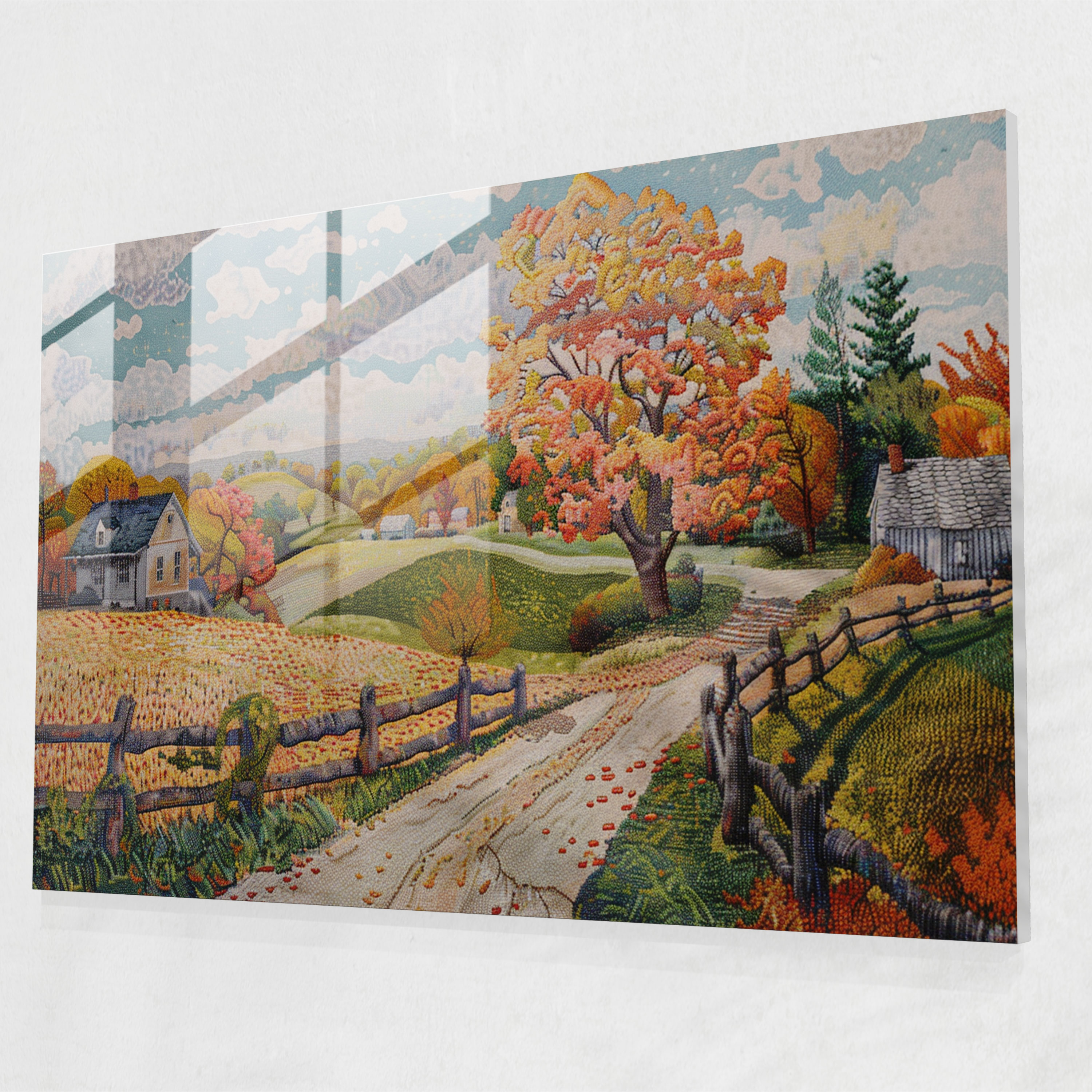 Pointillism Wall Art - Countryside Landscape - Pointillism, Pointillism, Modern Art, Glass Wall Art