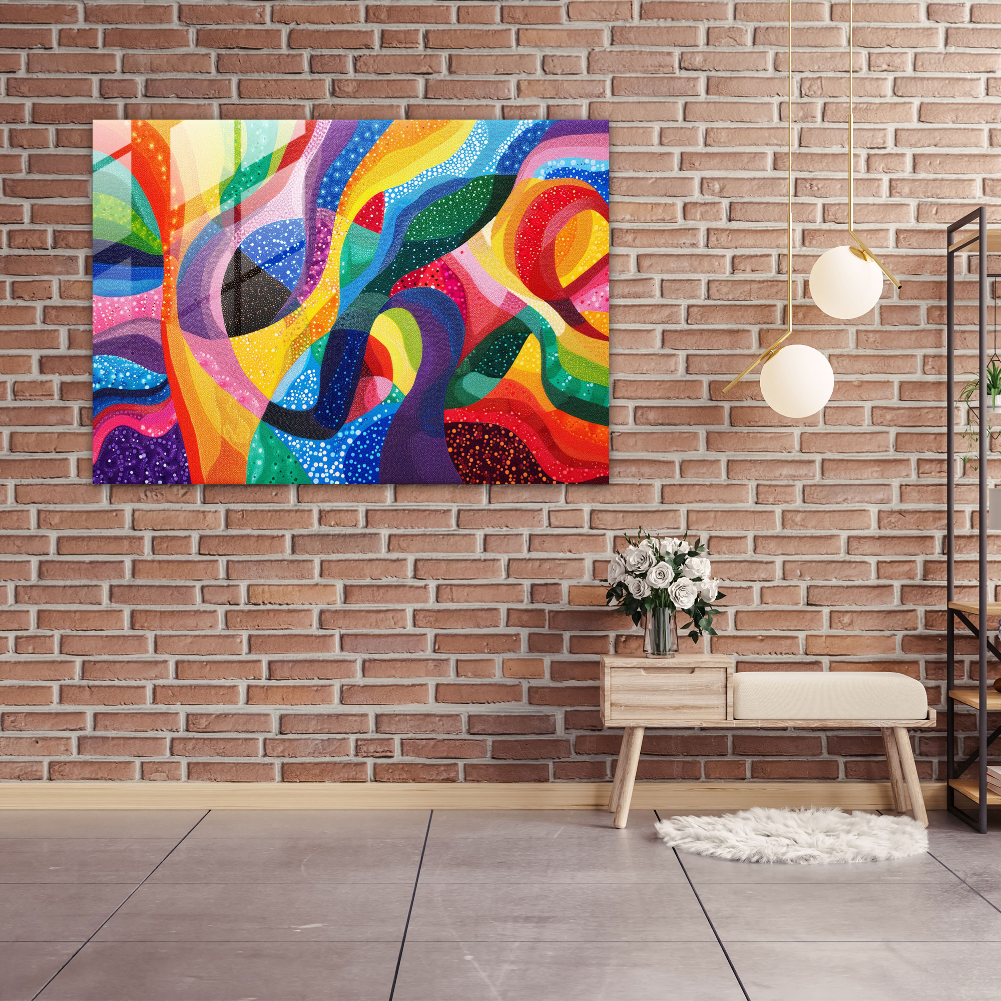 Pointillism Glass Print - Colorful Abstract Shapes - Pointillism, Glass Wall Art, Pointillism, Home Decoration