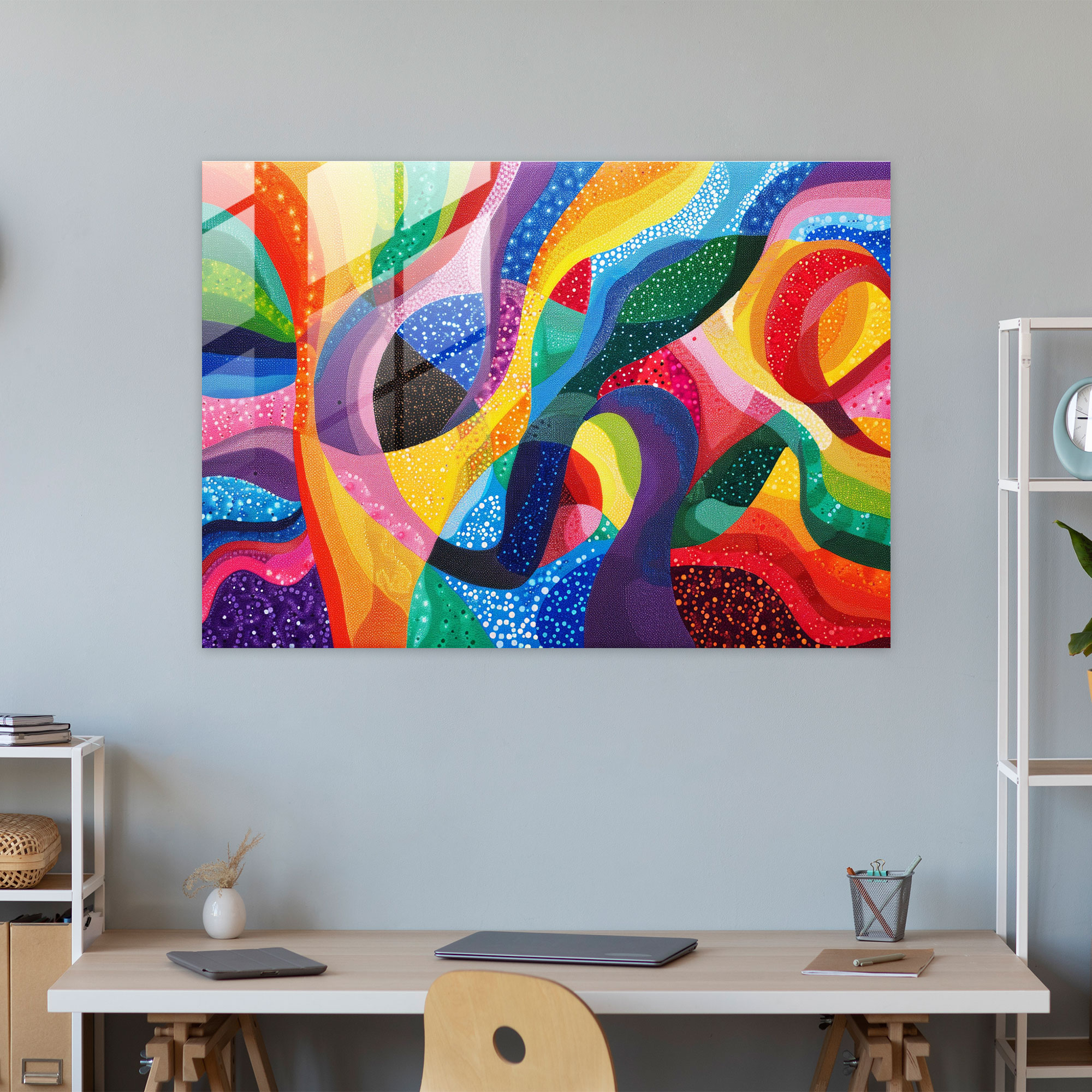 Pointillism Glass Print - Colorful Abstract Shapes - Pointillism, Glass Wall Art, Pointillism, Home Decoration