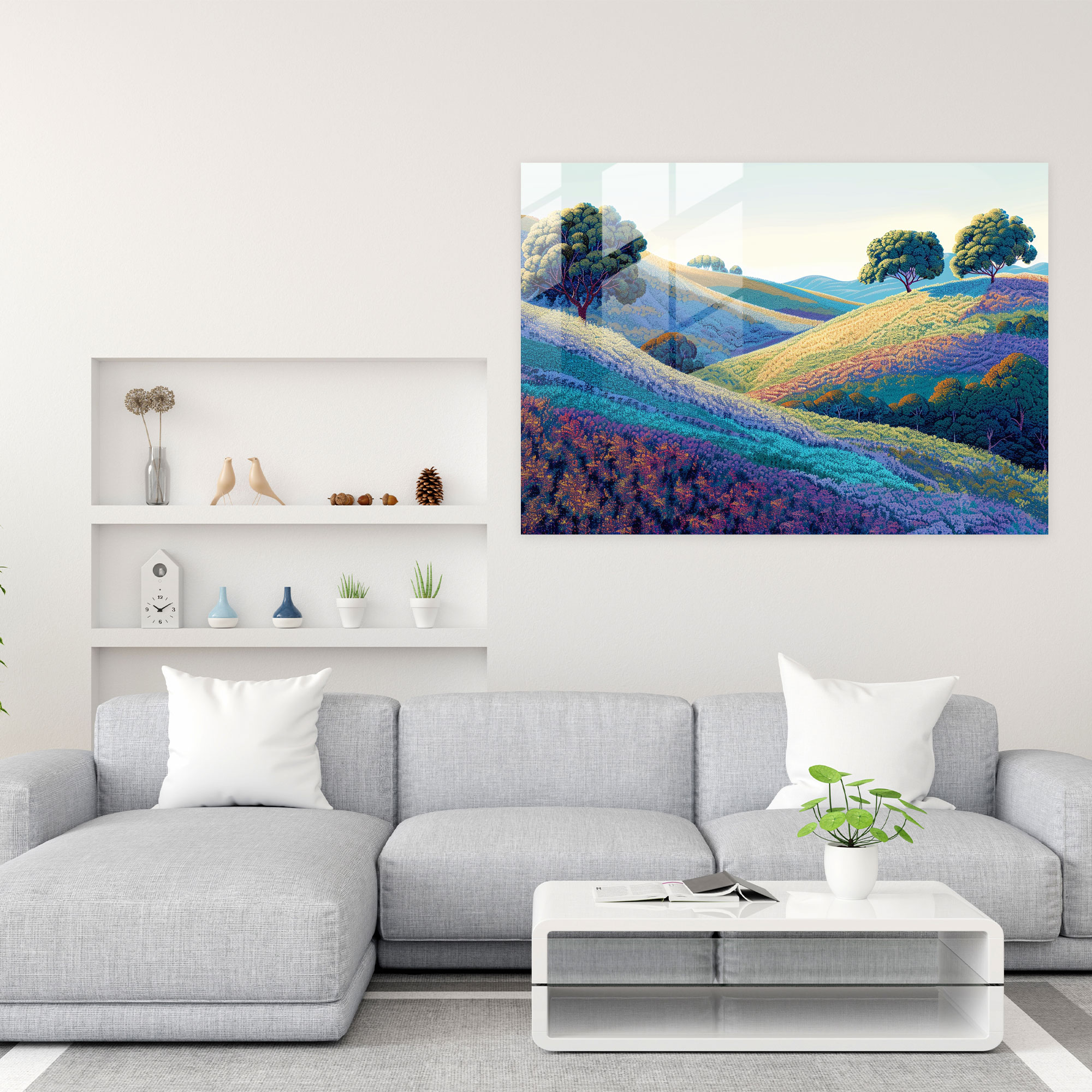 Pointillism Glass Wall Art - Rolling Hills Landscape - Pointillism, Pointillism, Glass Art, Modern Art
