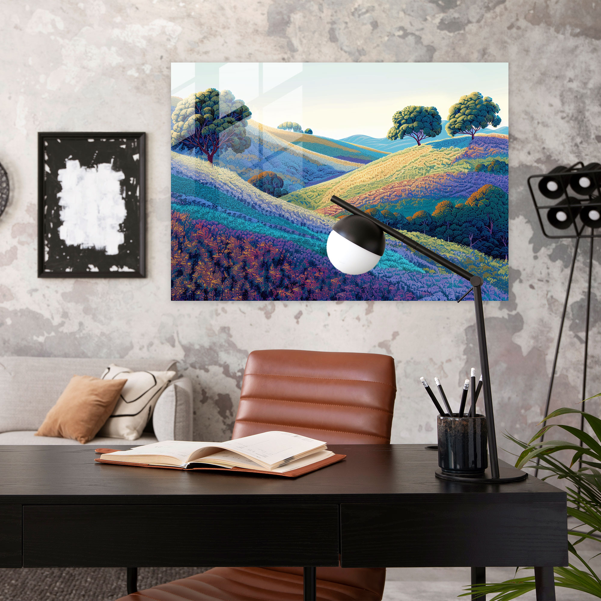 Pointillism Glass Wall Art - Rolling Hills Landscape - Pointillism, Pointillism, Glass Art, Modern Art