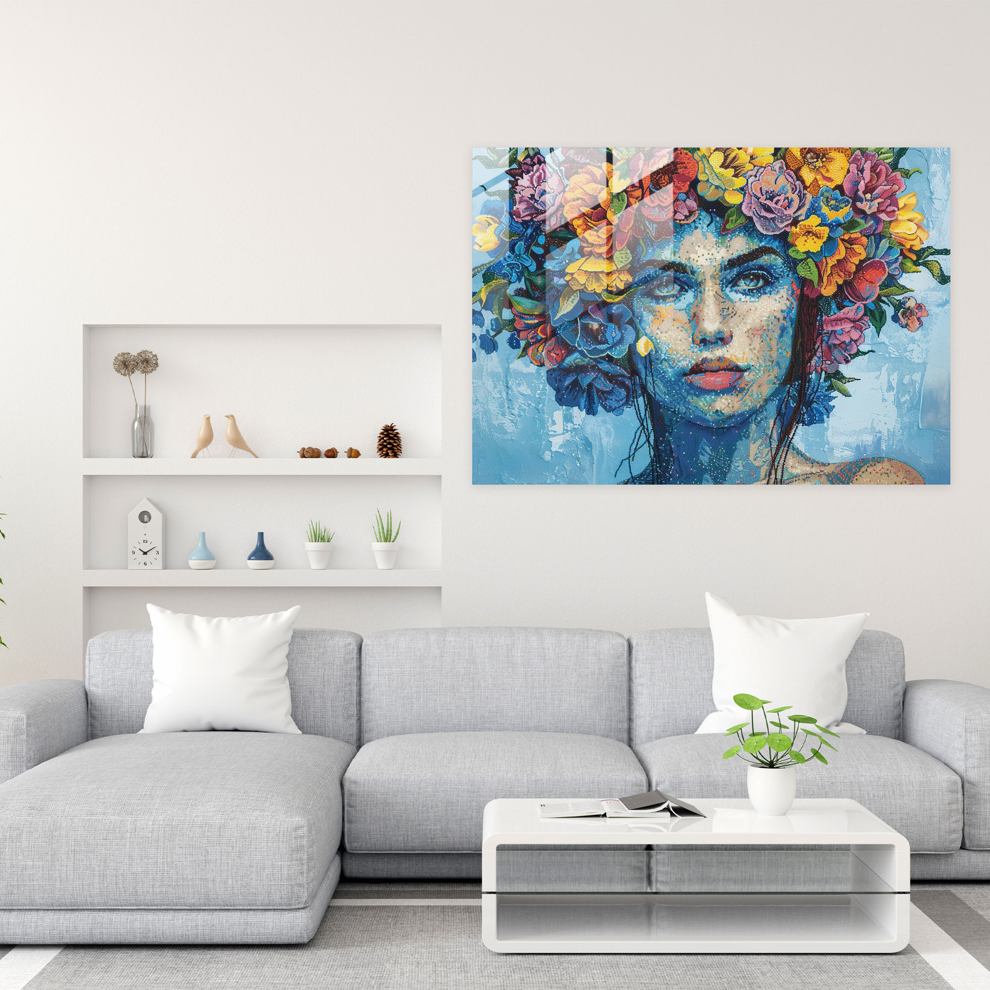 Pointillism Home Decoration - Woman With Floral Crown Portrait - Pointillism, Glass Wall Art, Modern Art, Glass Print