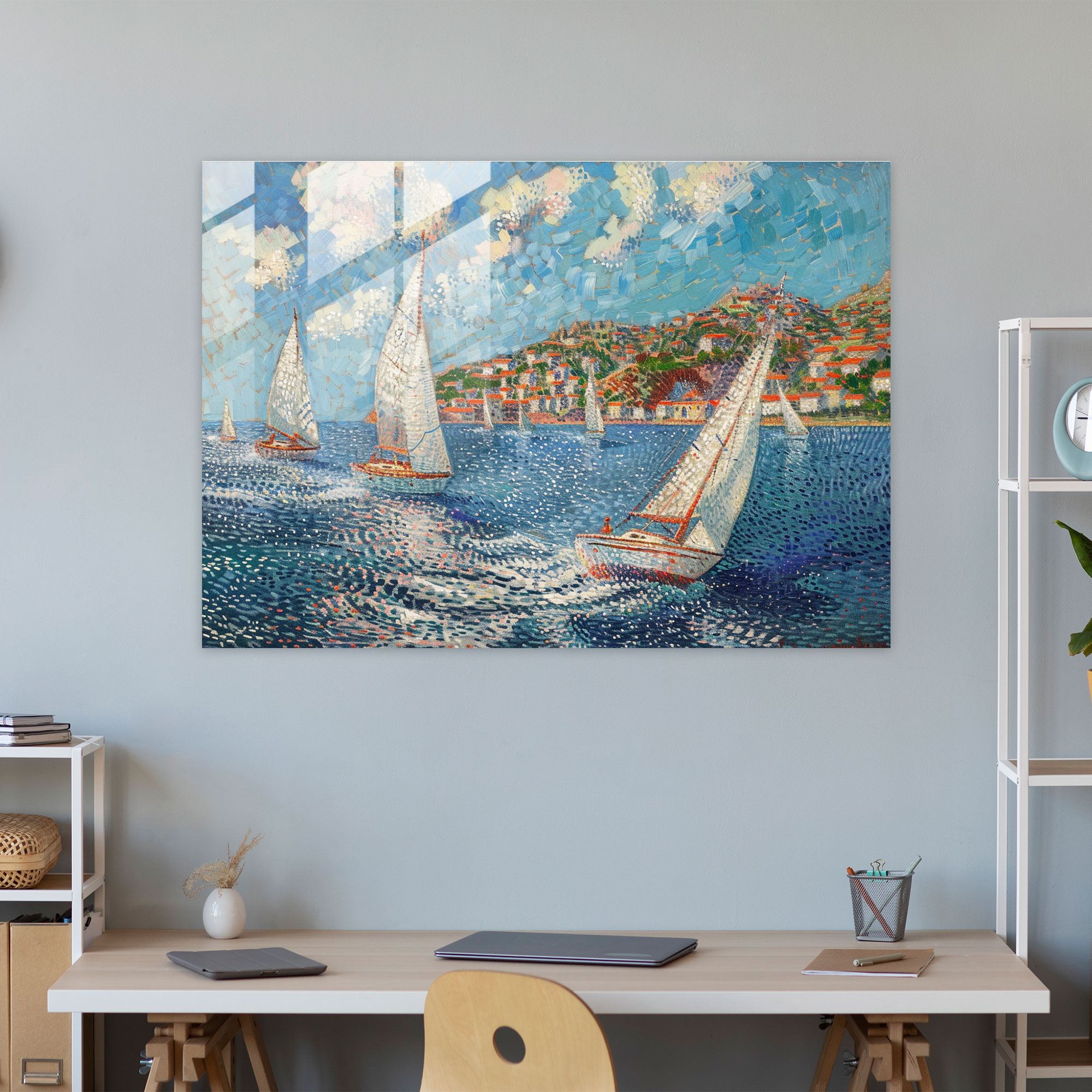 Pointillism Glass Art - Sailboats Seascape - Pointillism, Glass Art, Glass Print, Pointillism