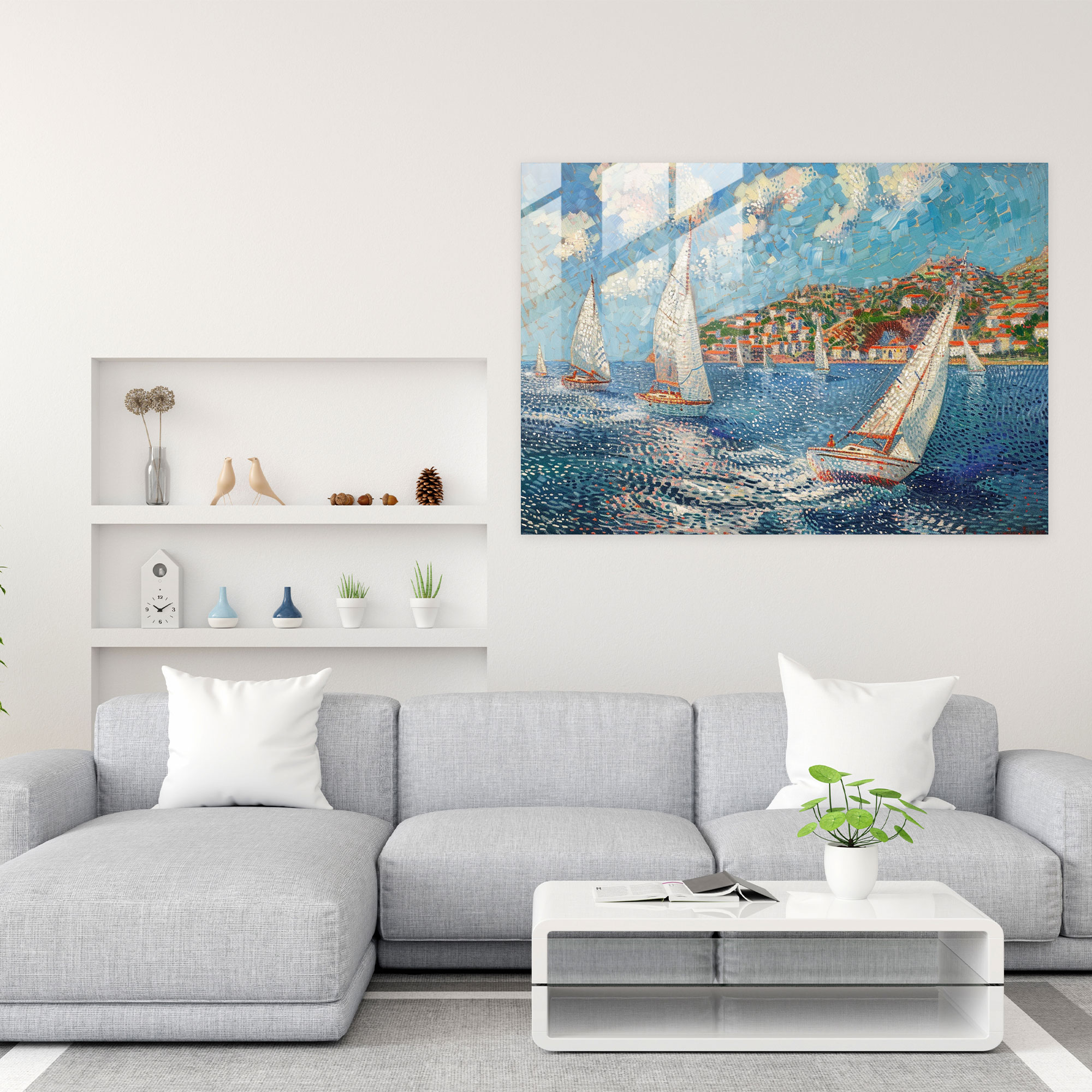 Pointillism Glass Art - Sailboats Seascape - Pointillism, Glass Art, Glass Print, Pointillism