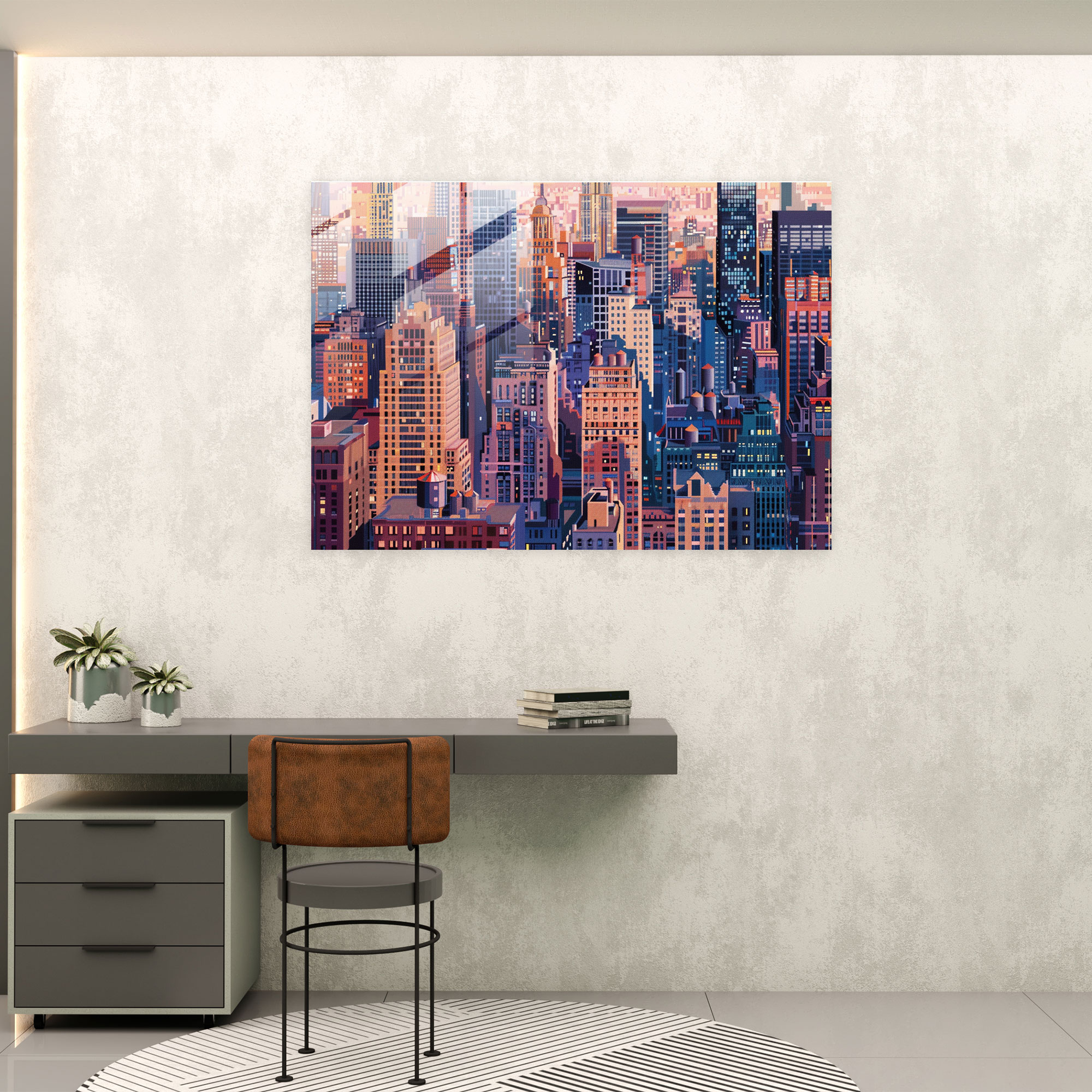 Pointillism Glass Print - Skyscraper Cityscape - Pointillism, Modern Art, Home Decoration, Glass Wall Art