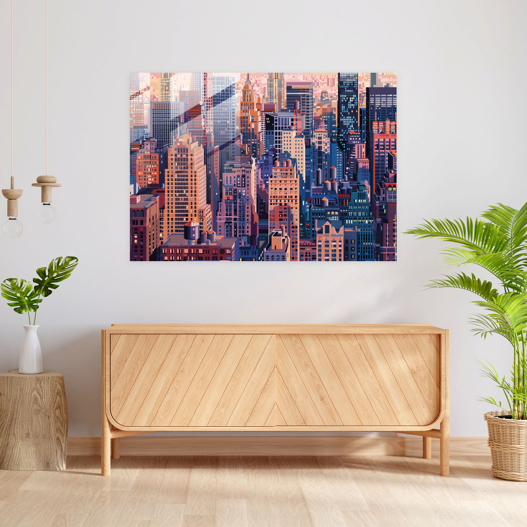 Pointillism Glass Print - Skyscraper Cityscape - Pointillism, Modern Art, Home Decoration, Glass Wall Art
