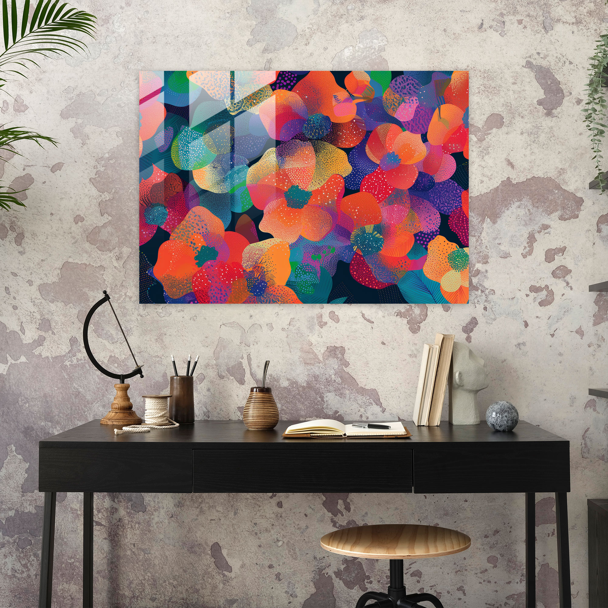 Pointillism Glass Wall Art - Floral Abstract Design - Pointillism, Glass Wall Art, Wall Decoration, Home Decoration