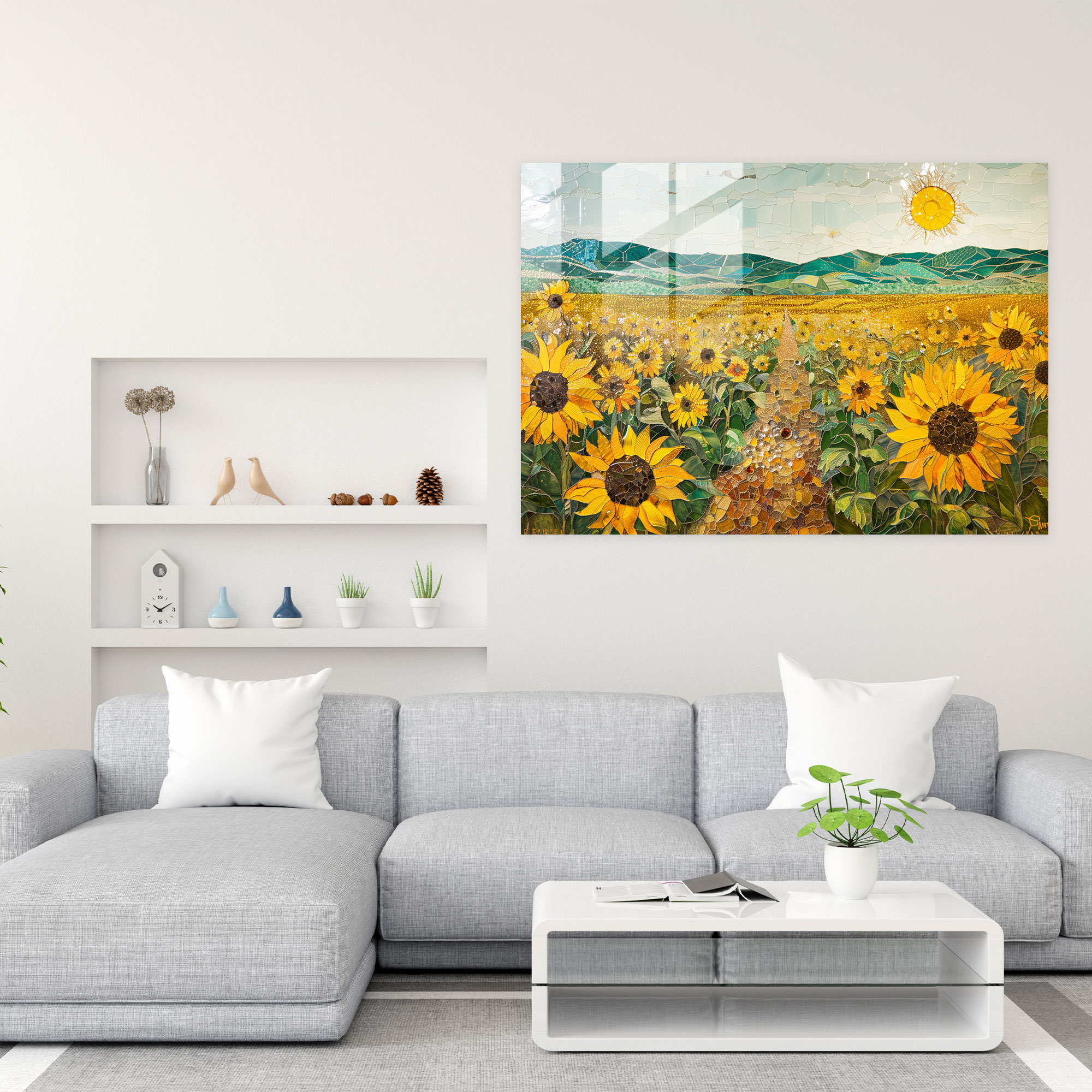 Pointillism Sunflower Field Glass Print - Pointillism, Glass Wall Art, Sunflower Field, Home Decoration