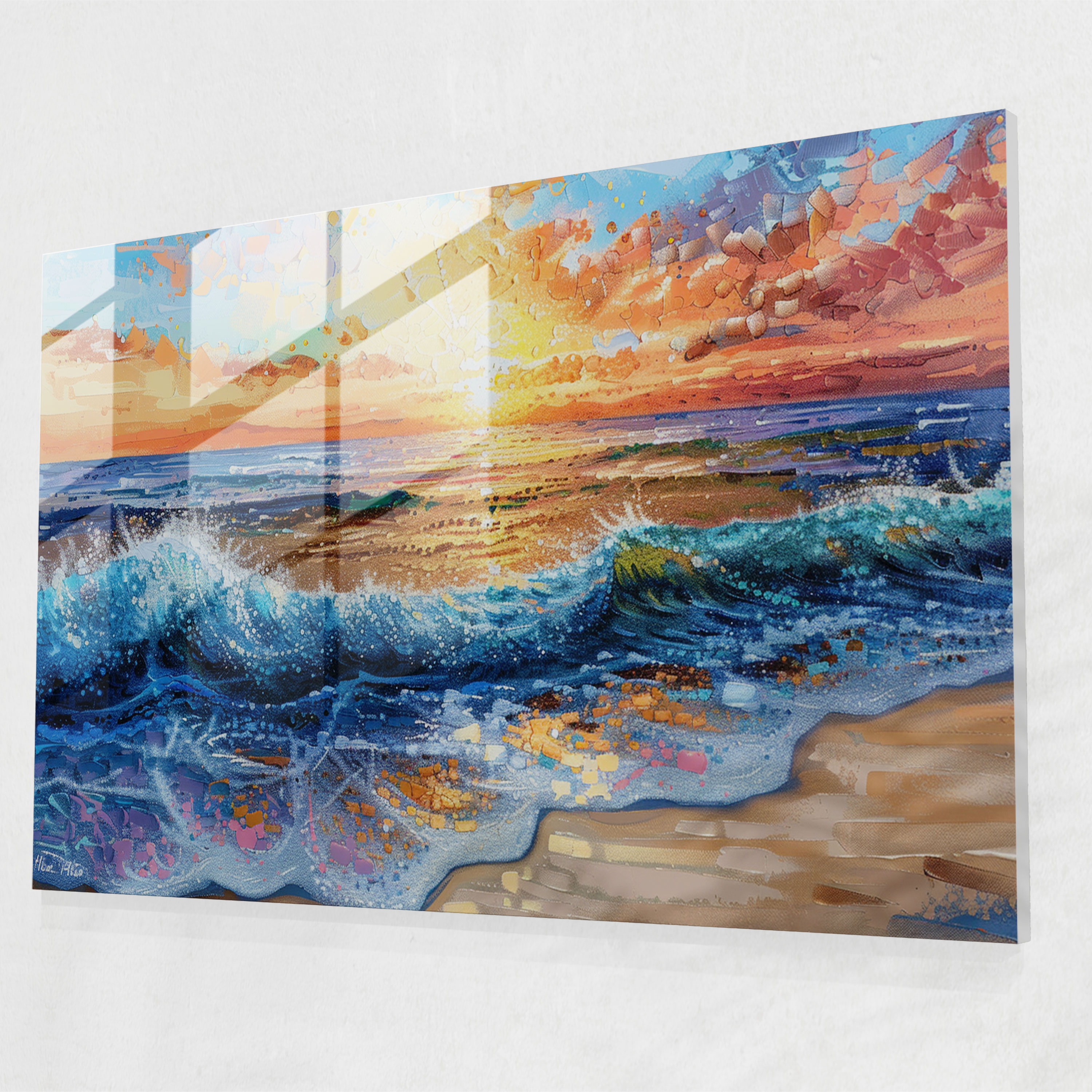 Pointillism Beach Sunset Glass Print - Pointillism, Glass Wall Art, Glass Art, Glass Print