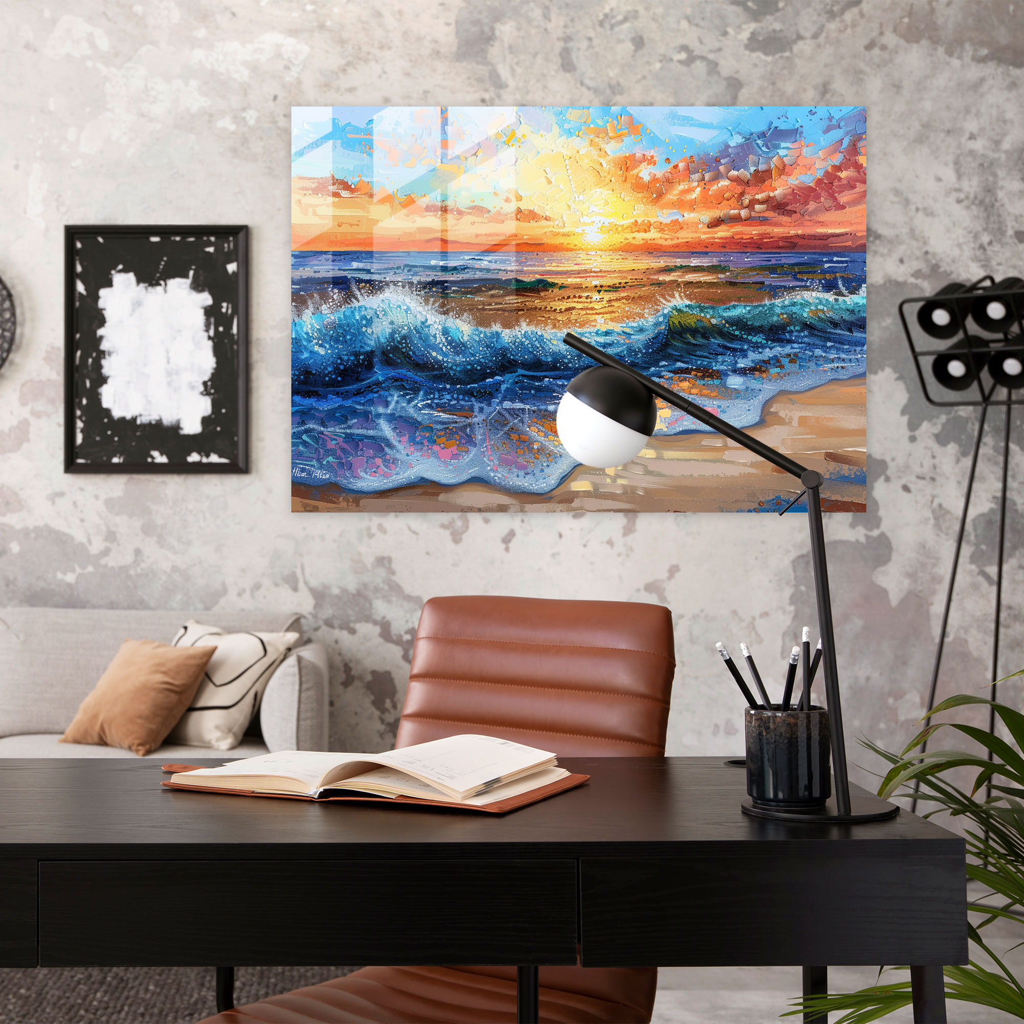 Pointillism Beach Sunset Glass Print - Pointillism, Glass Wall Art, Glass Art, Glass Print