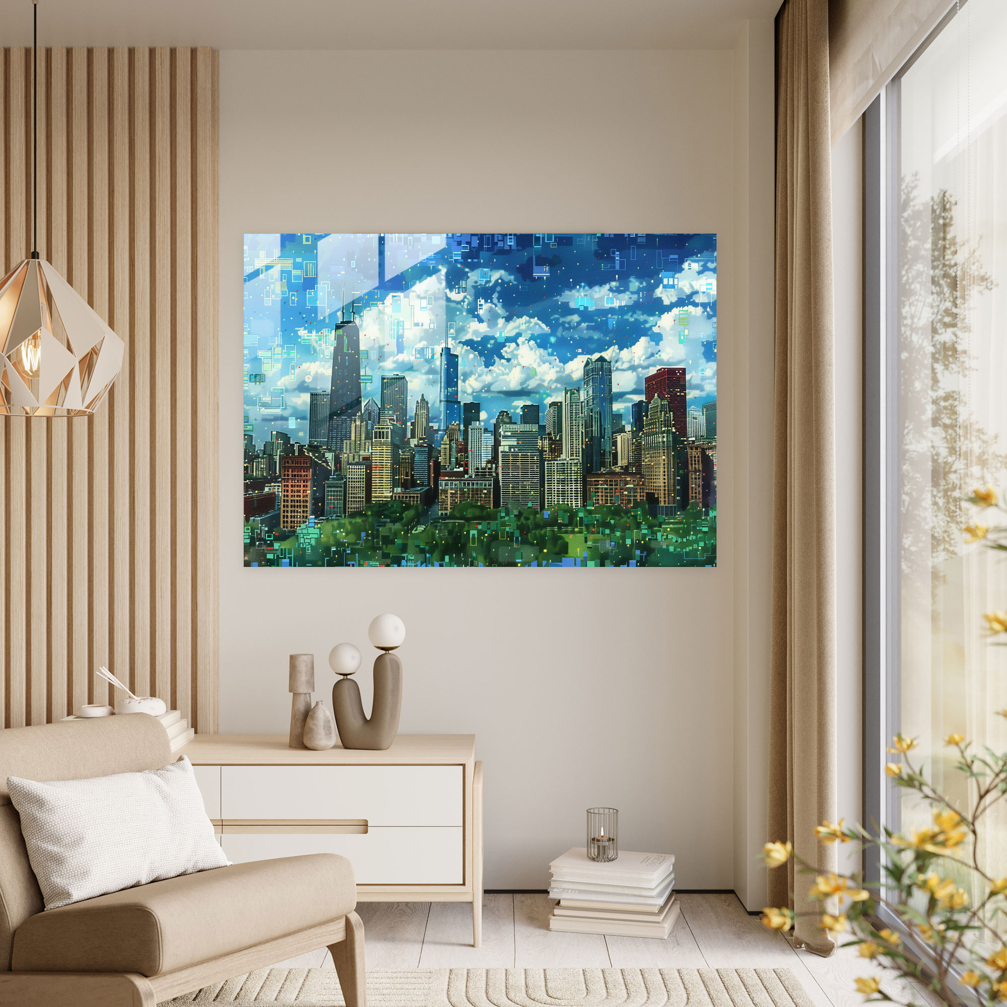 Pointillism City Skyline Glass Print - Pointillism, Modern Art, Home Decoration, Pointillism