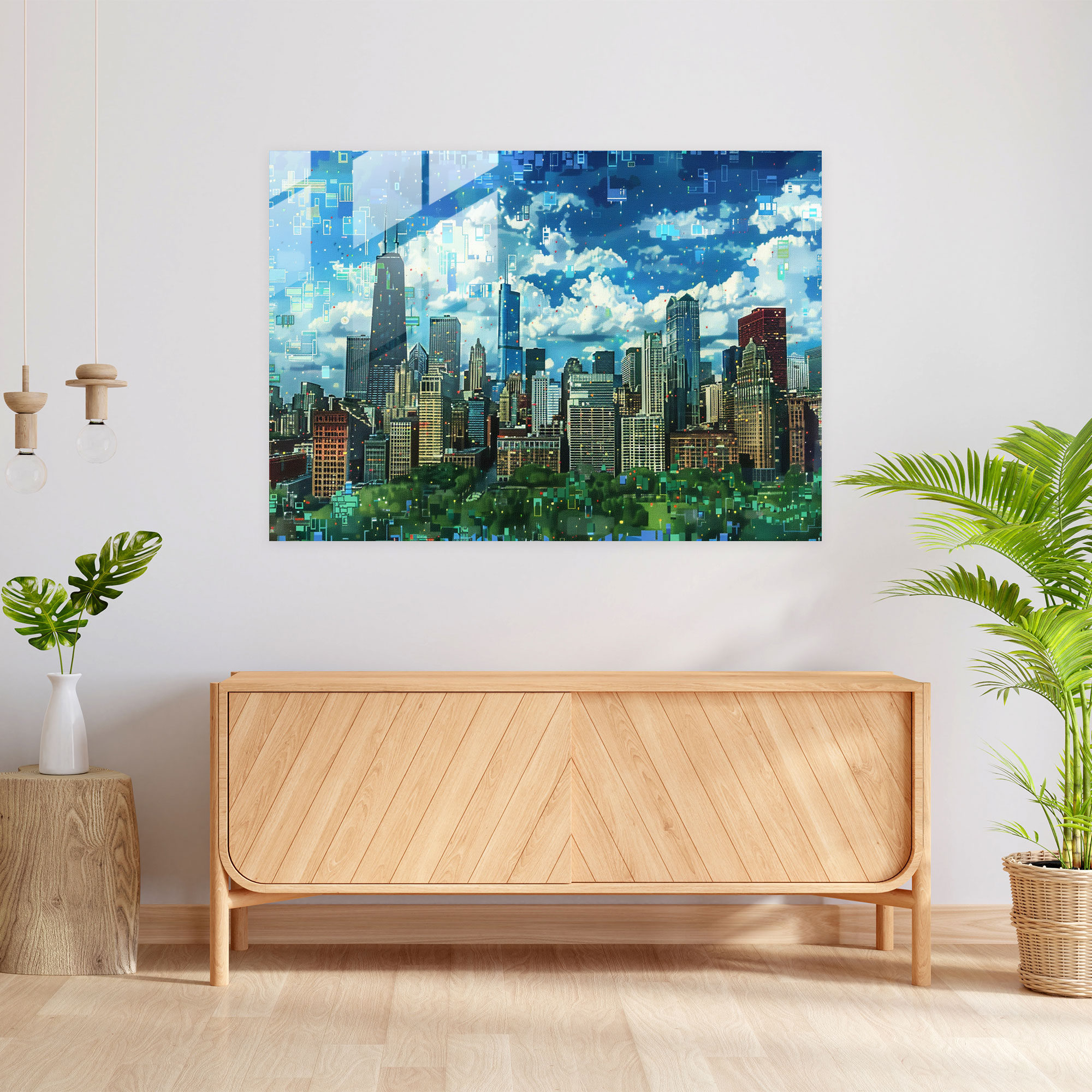 Pointillism City Skyline Glass Print - Pointillism, Modern Art, Home Decoration, Pointillism