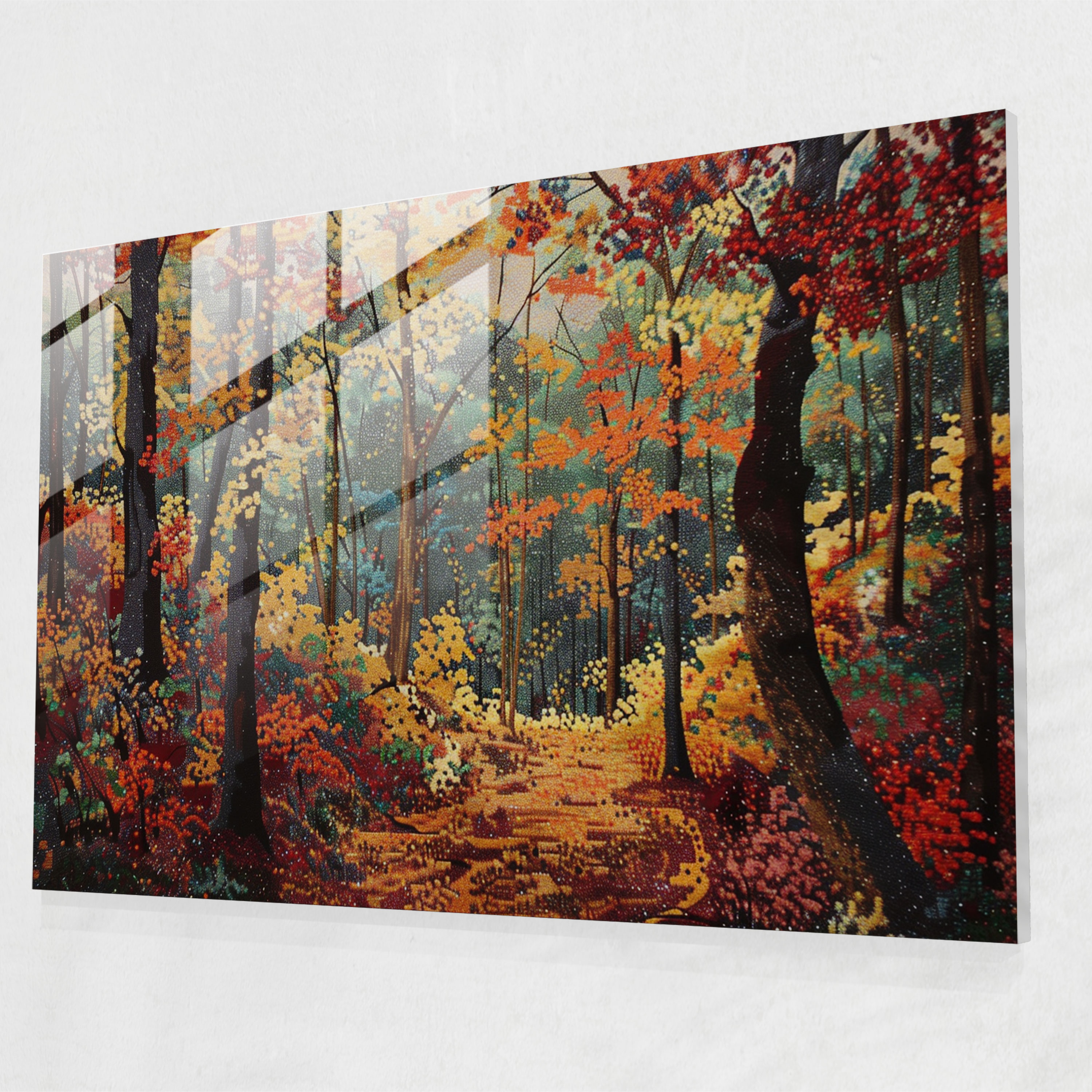 Pointillism Forest Landscape Glass Print - Pointillism, Glass Art, Forest Landscape, Home Decoration