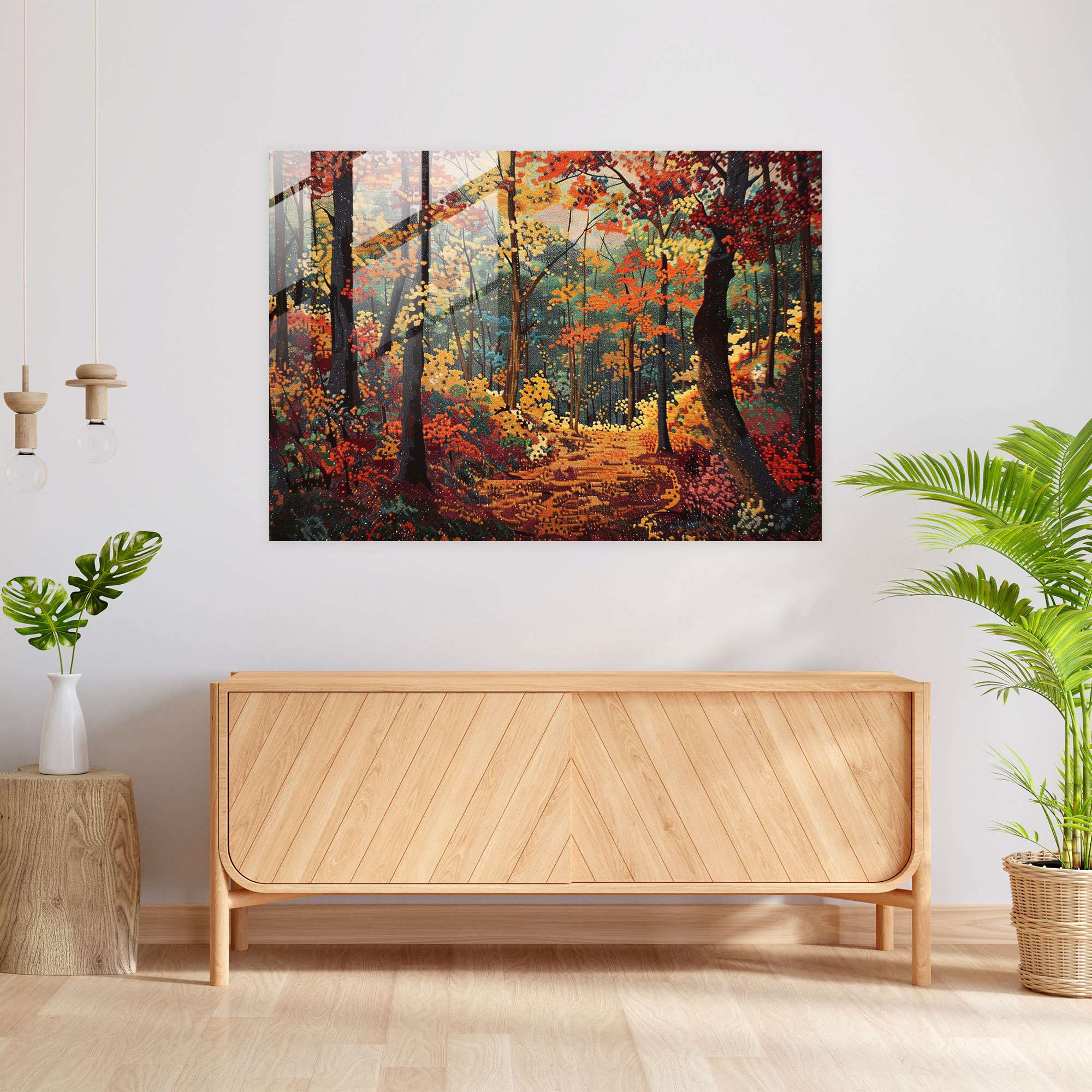 Pointillism Forest Landscape Glass Print - Pointillism, Glass Art, Forest Landscape, Home Decoration