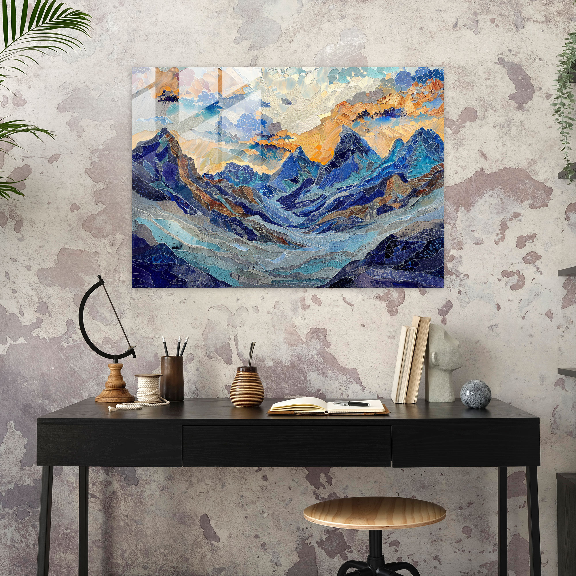 Pointillism Mountain Landscape Glass Print - Pointillism, Mountain Landscape, Modern Art, Glass Art