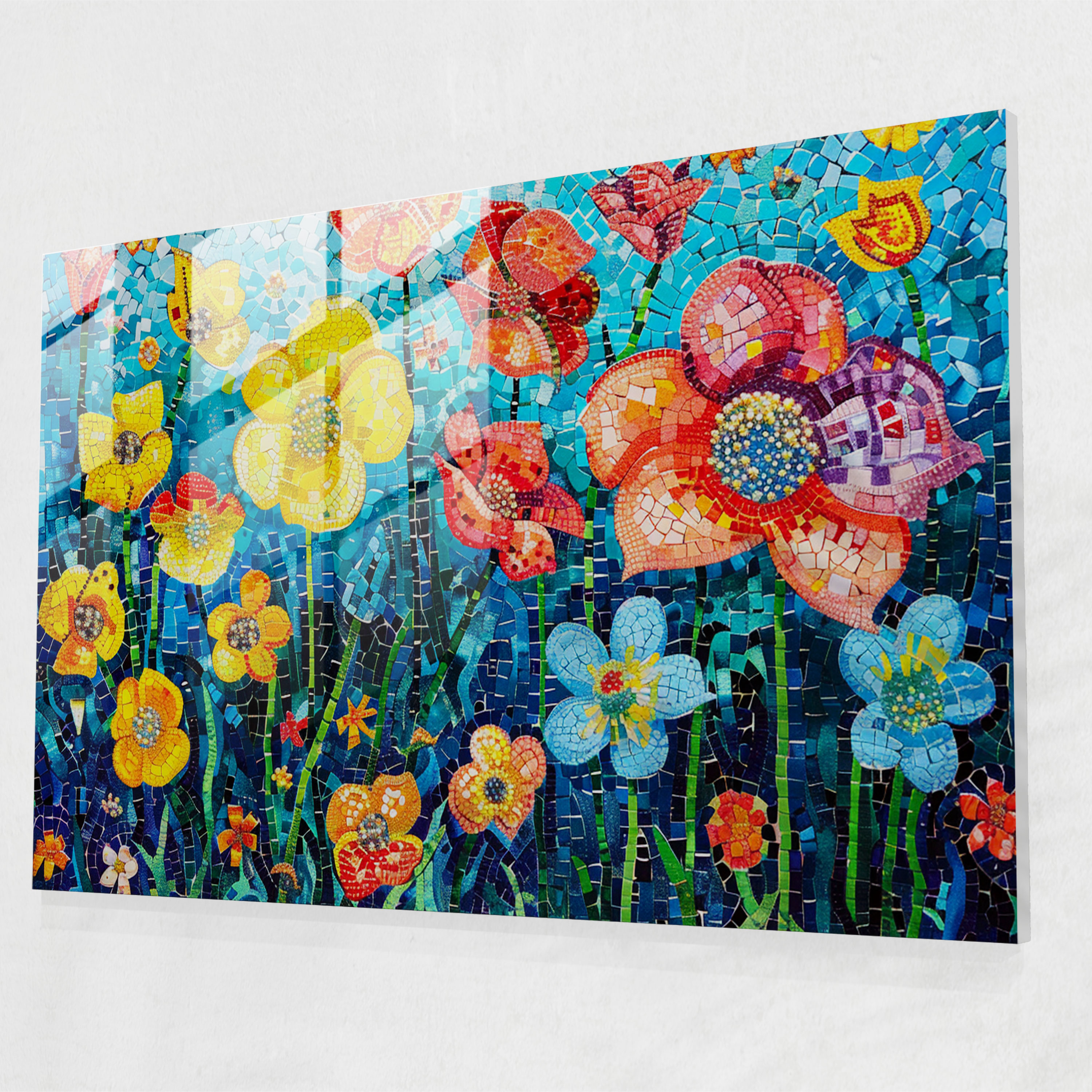 Pointillism Colorful Flowers Glass Print - Pointillism, Glass Wall Art, Modern Art, Home Decoration
