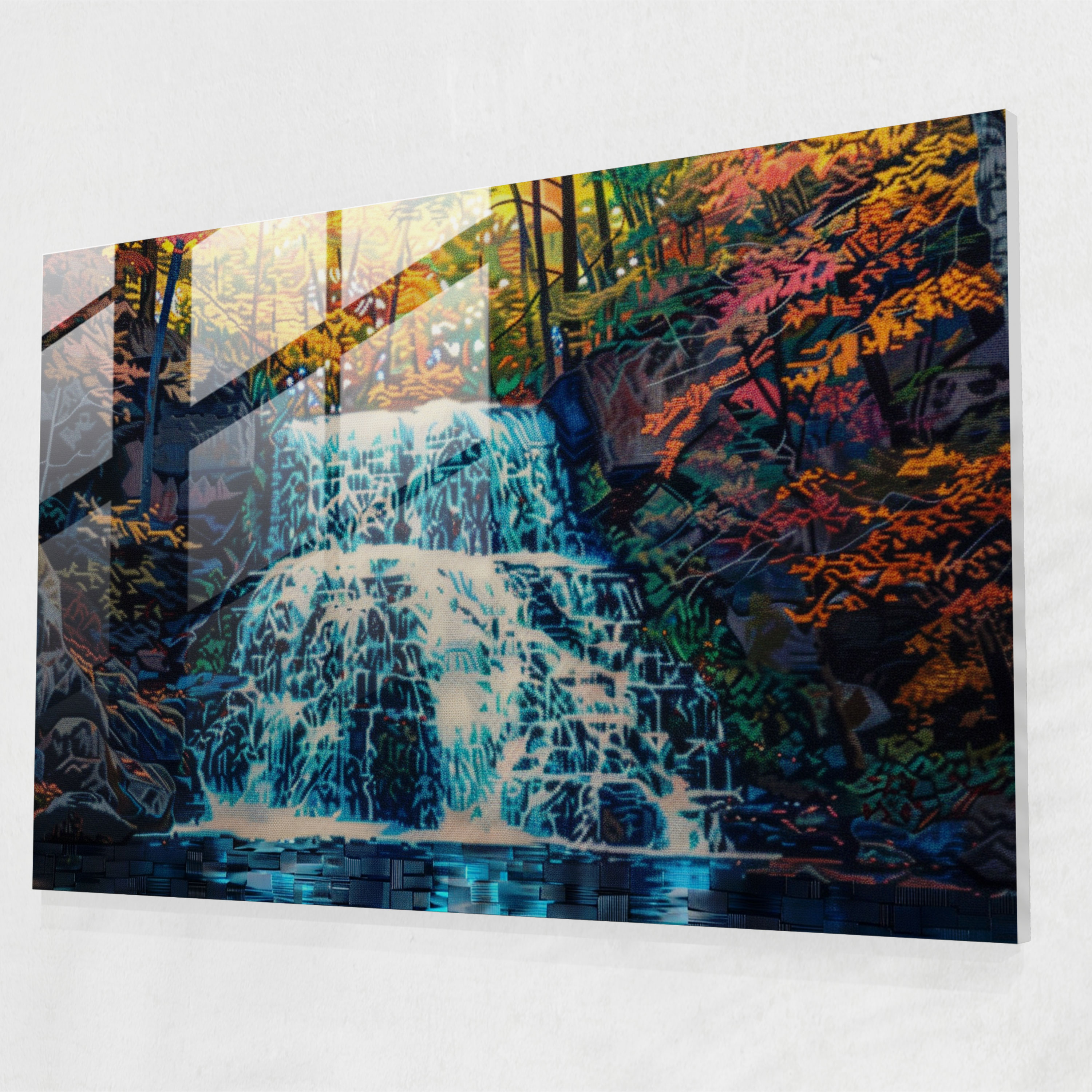 Pointillism Waterfall Cascade Glass Print - Pointillism, Home Decoration, Glass Art, Modern Art