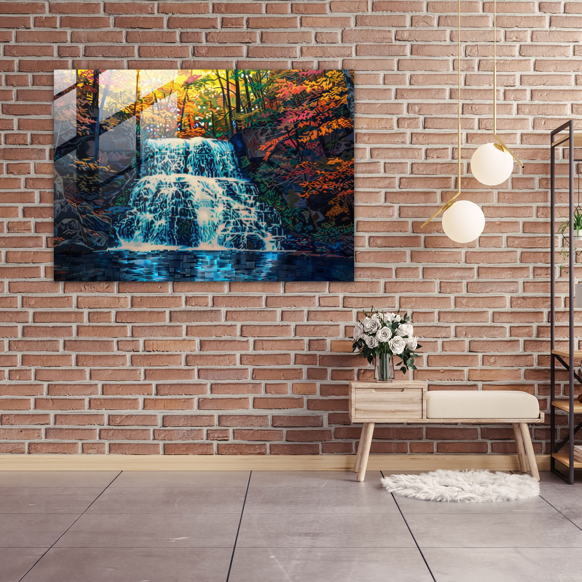 Pointillism Waterfall Cascade Glass Print - Pointillism, Home Decoration, Glass Art, Modern Art