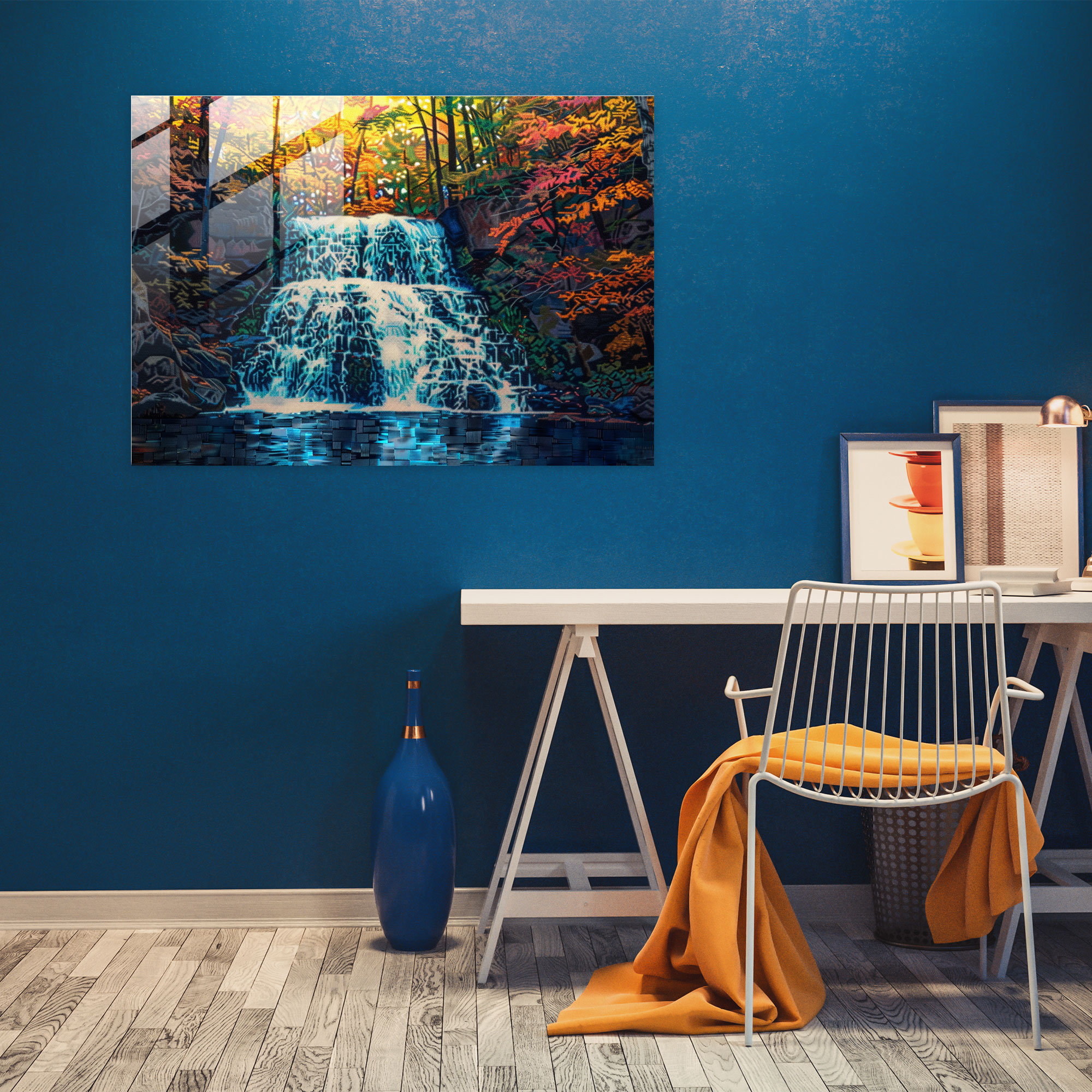Pointillism Waterfall Cascade Glass Print - Pointillism, Home Decoration, Glass Art, Modern Art