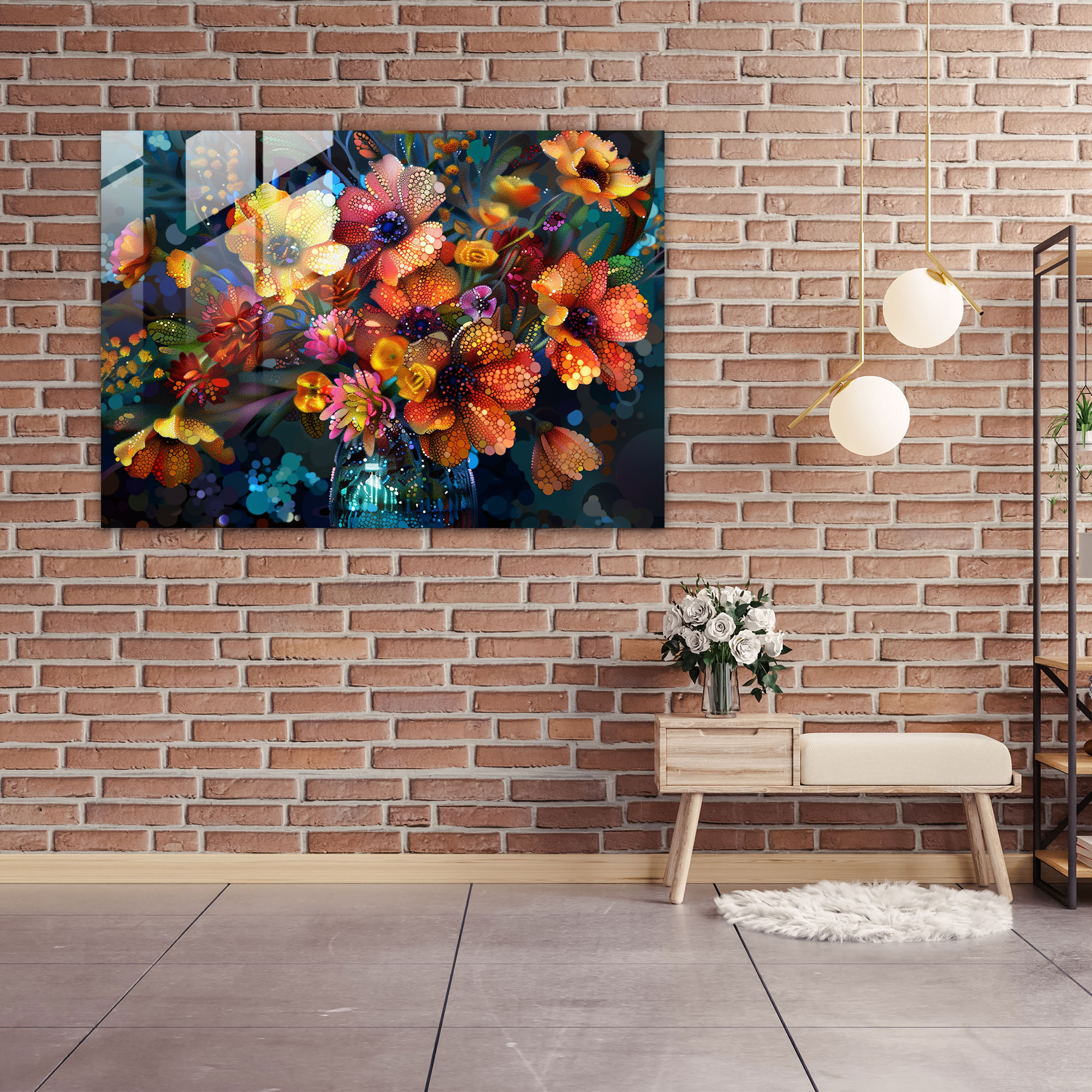 Vibrant Floral Pointillism Glass Print - Pointillism, Glass Print, Home Decoration, Wall Decoration