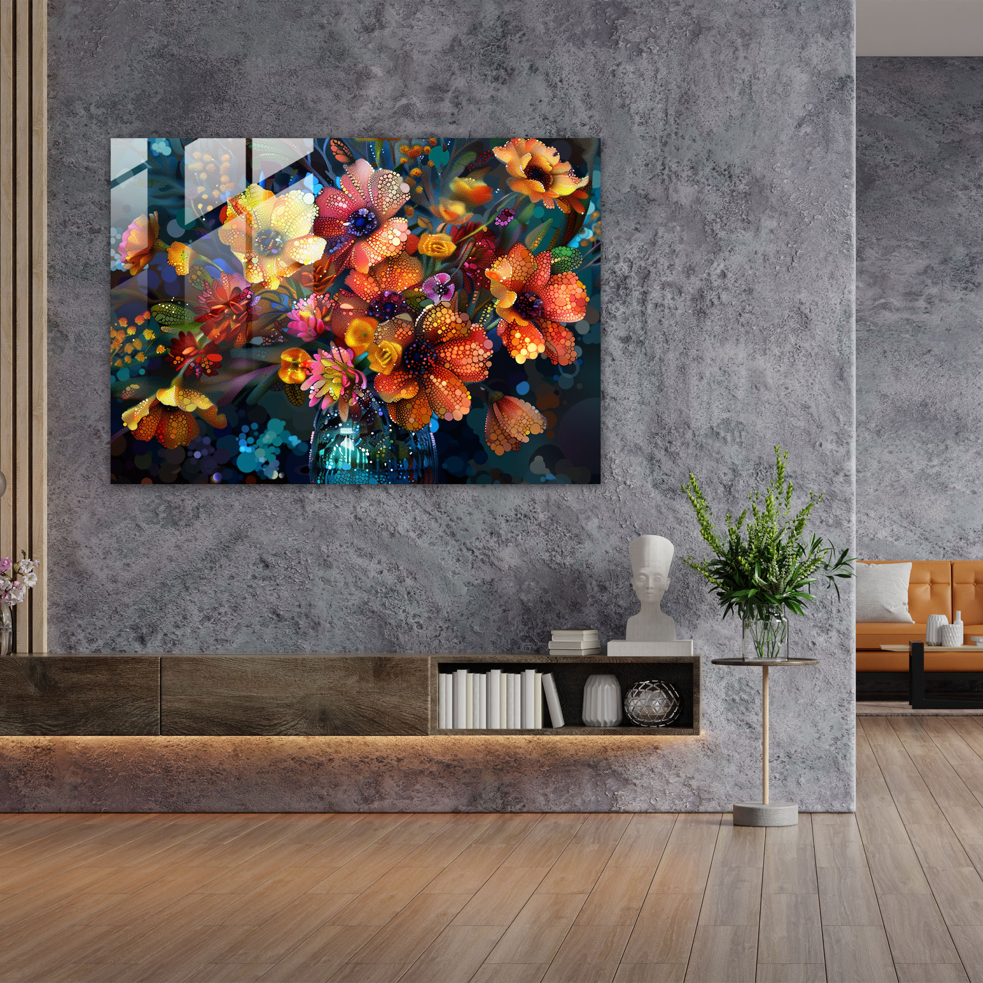 Vibrant Floral Pointillism Glass Print - Pointillism, Glass Print, Home Decoration, Wall Decoration