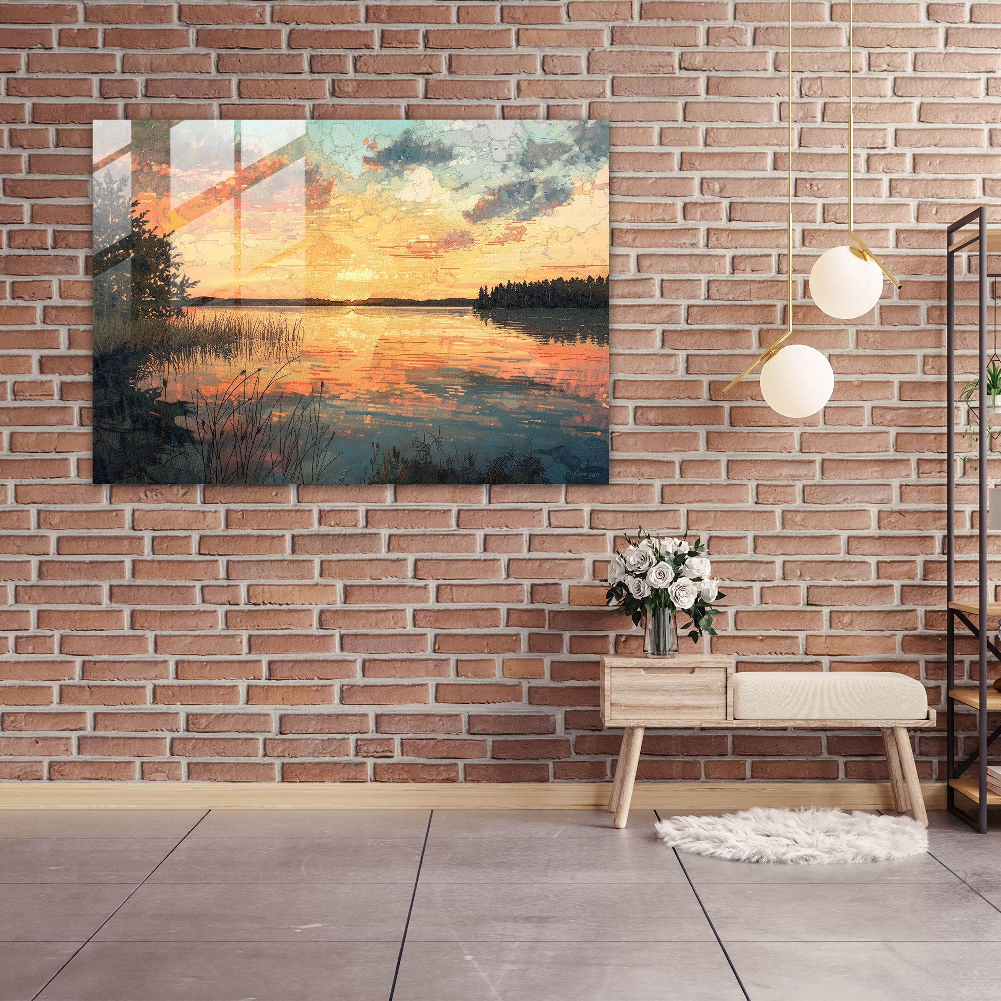 Serene Lake Sunset Pointillism Glass Wall Art - Pointillism, Wall Decoration, Home Decoration, Modern Art