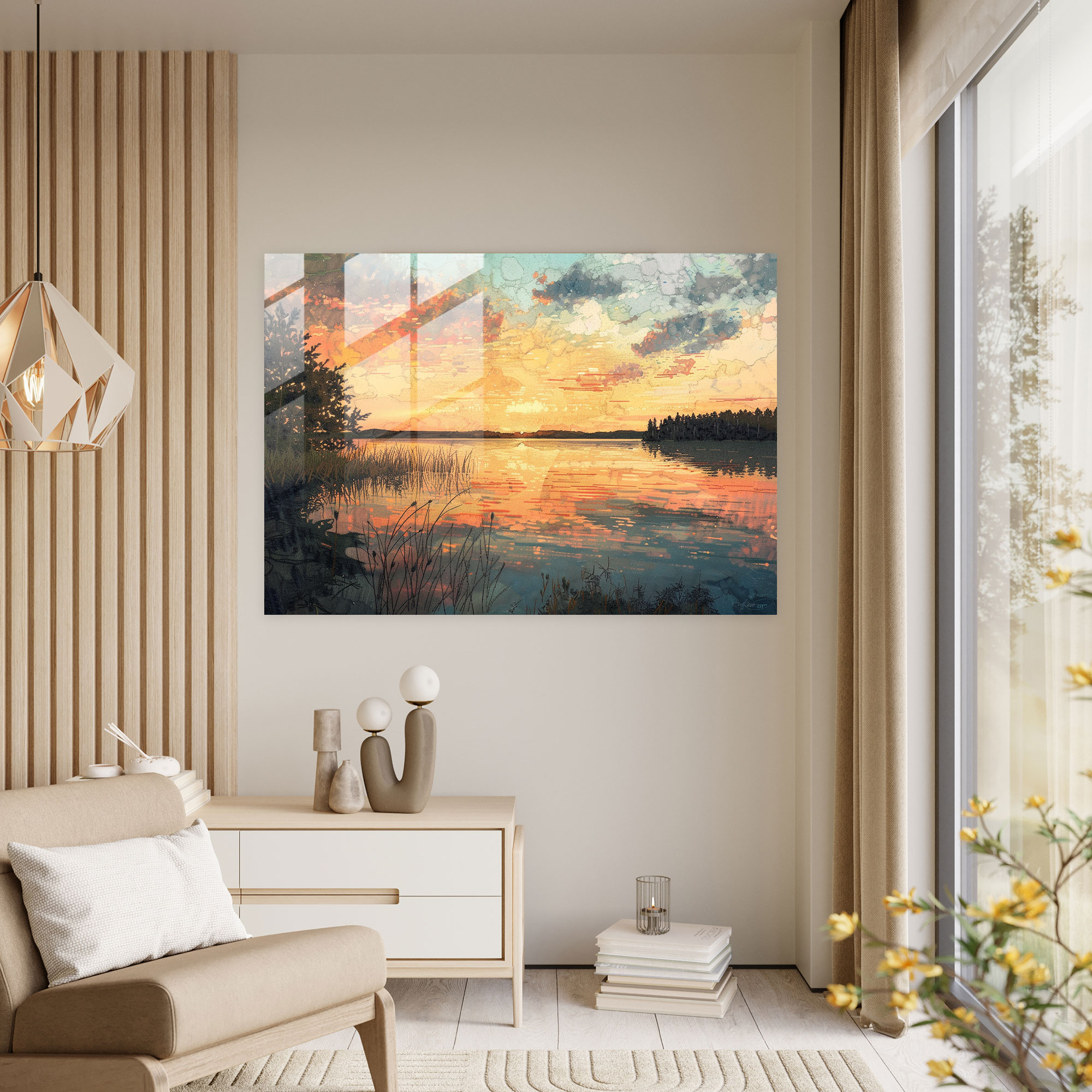Serene Lake Sunset Pointillism Glass Wall Art - Pointillism, Wall Decoration, Home Decoration, Modern Art