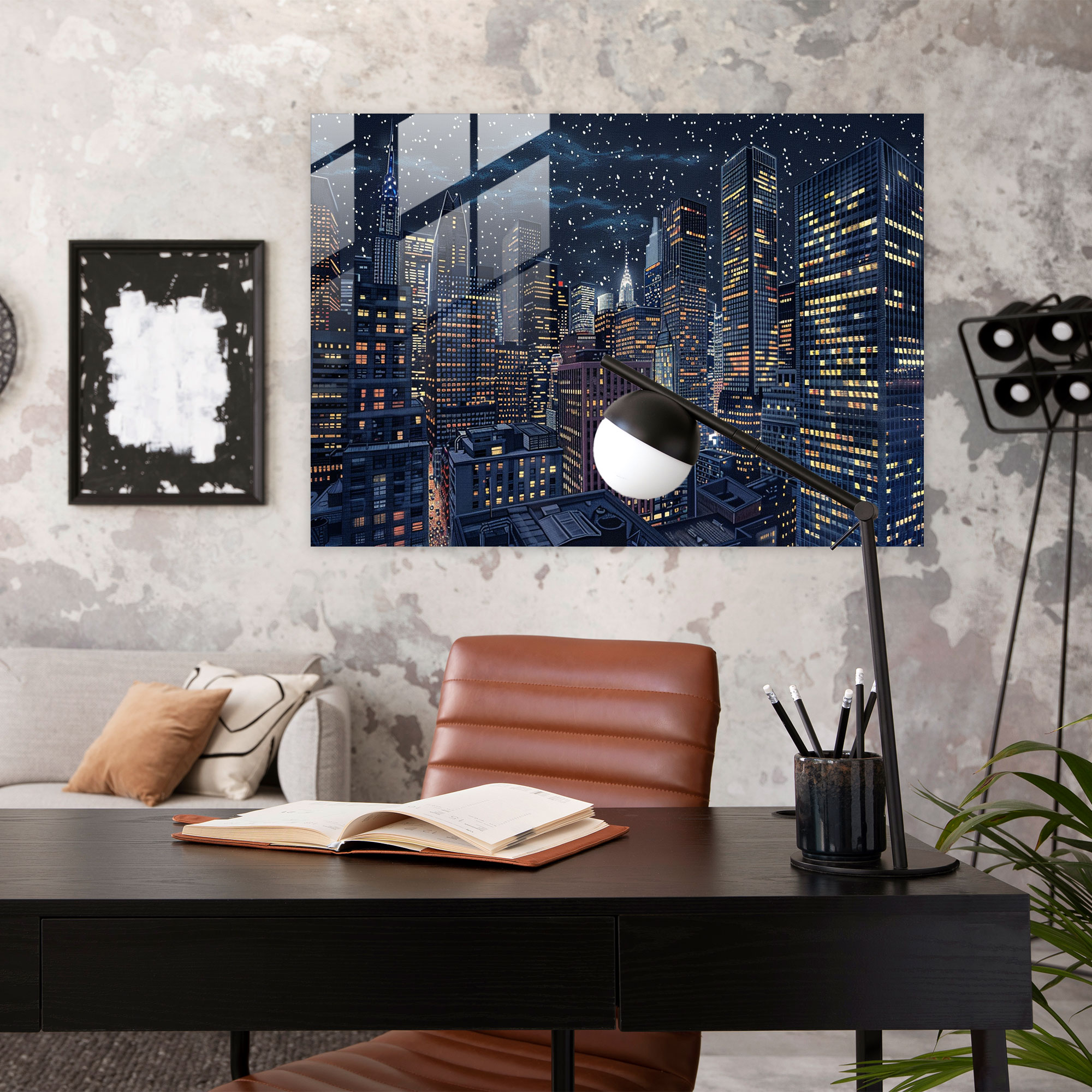 Urban Night Cityscape Pointillism Home Decoration - Pointillism, Glass Art, Modern Art, Pointillism