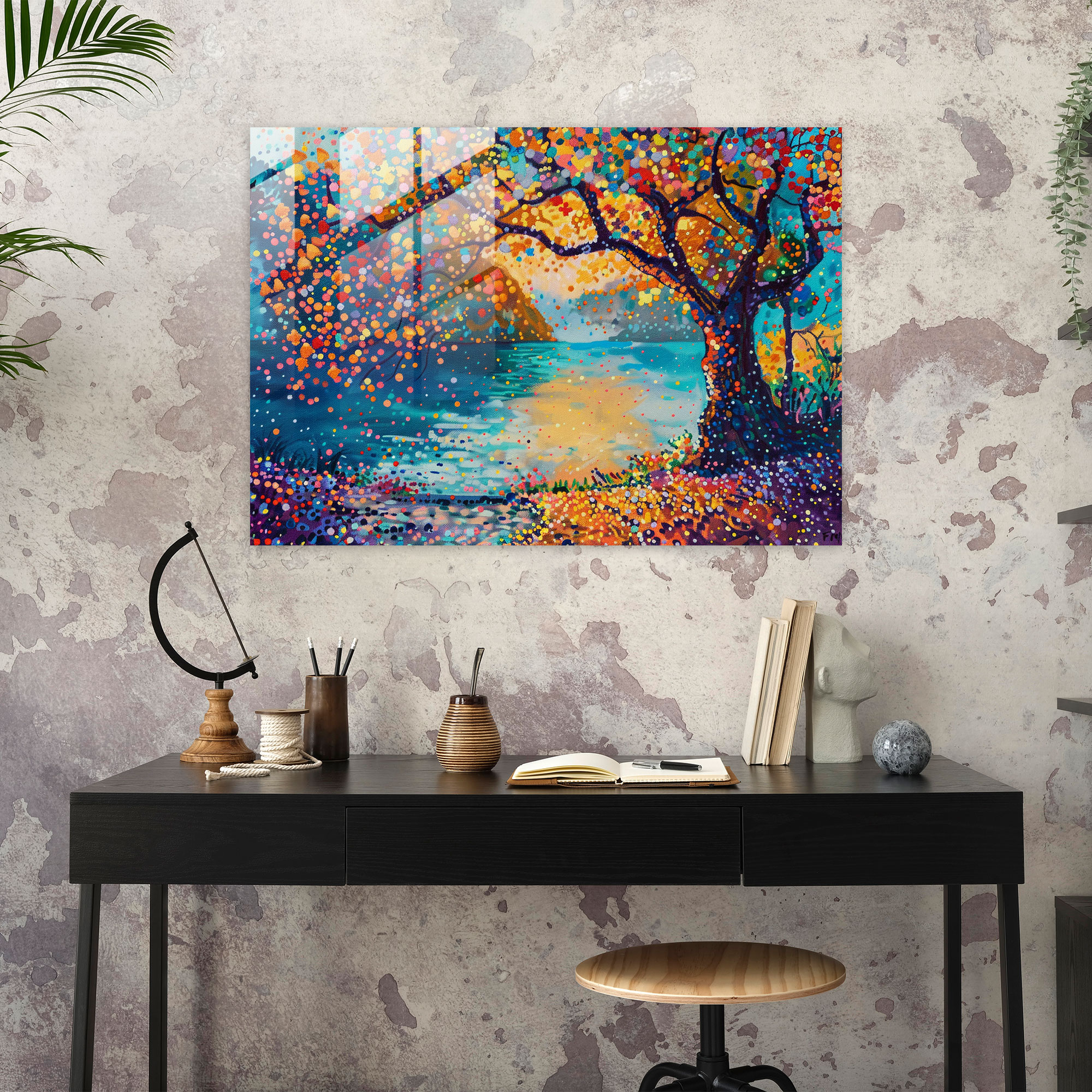 Dreamy Landscape Pointillism Modern Art - Pointillism, Pointillism, Wall Decoration, Glass Art