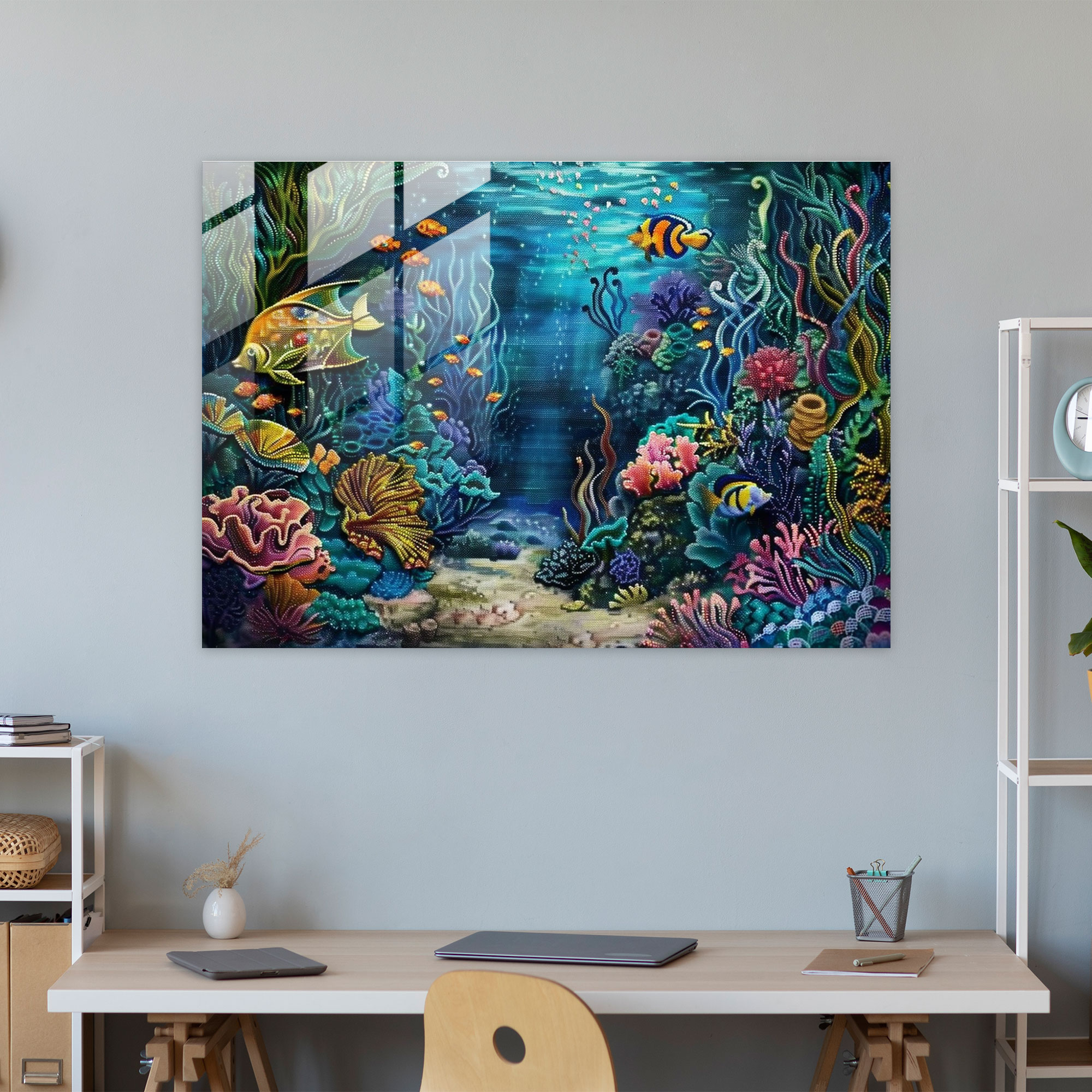Surreal Underwater Pointillism Glass Wall Art - Pointillism, Home Decoration, Modern Art, Pointillism