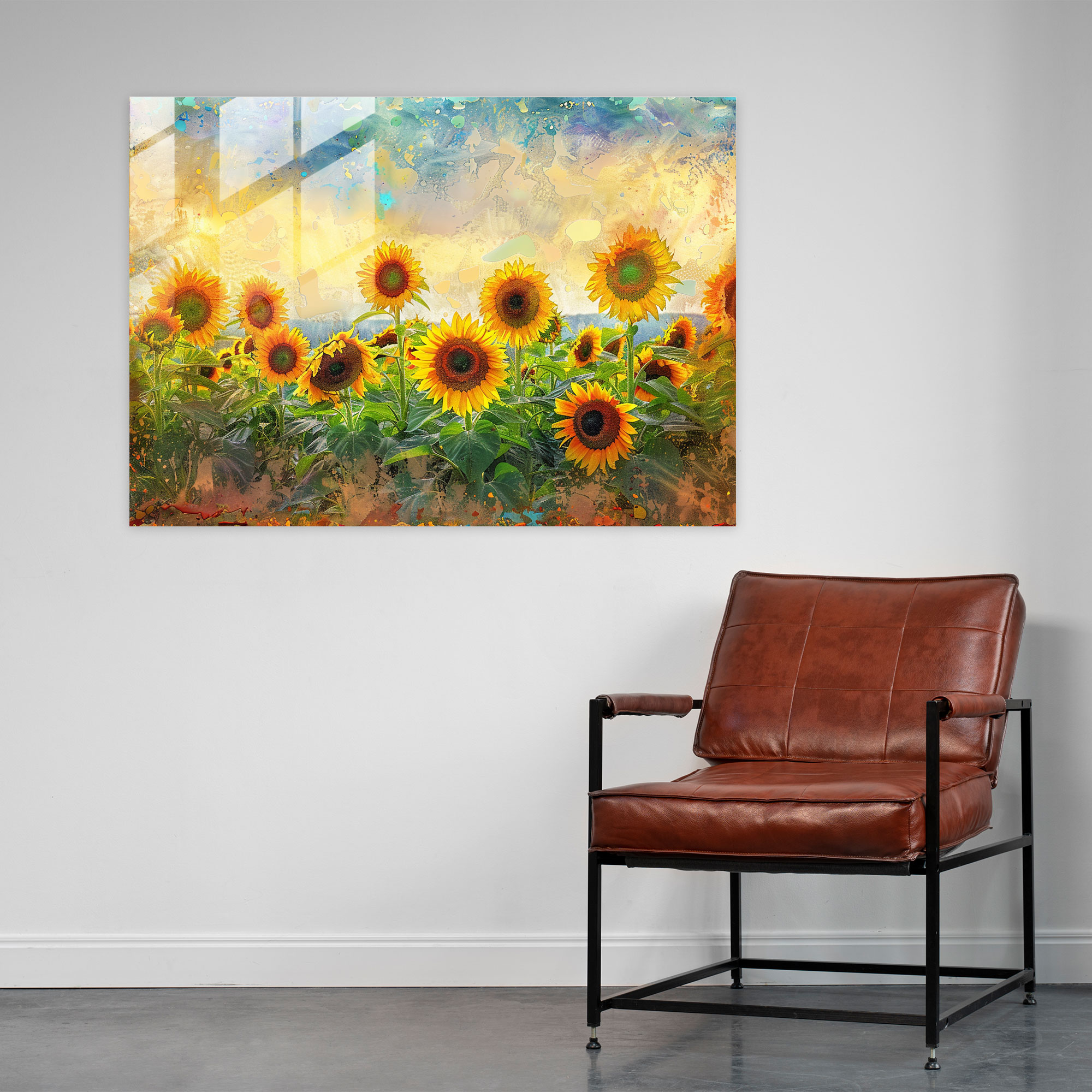 Vibrant Sunflowers Pointillism Glass Print - Pointillism, Sunflowers, Wall Decoration, Home Decoration