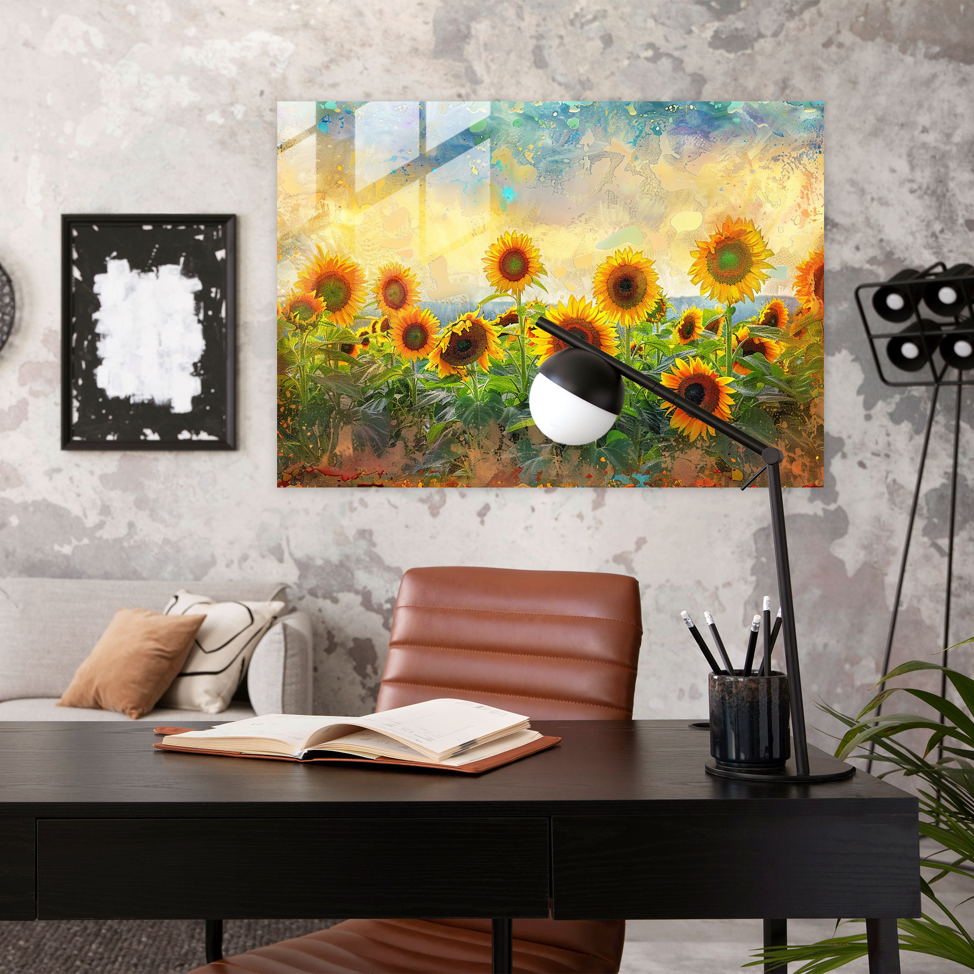 Vibrant Sunflowers Pointillism Glass Print - Pointillism, Sunflowers, Wall Decoration, Home Decoration
