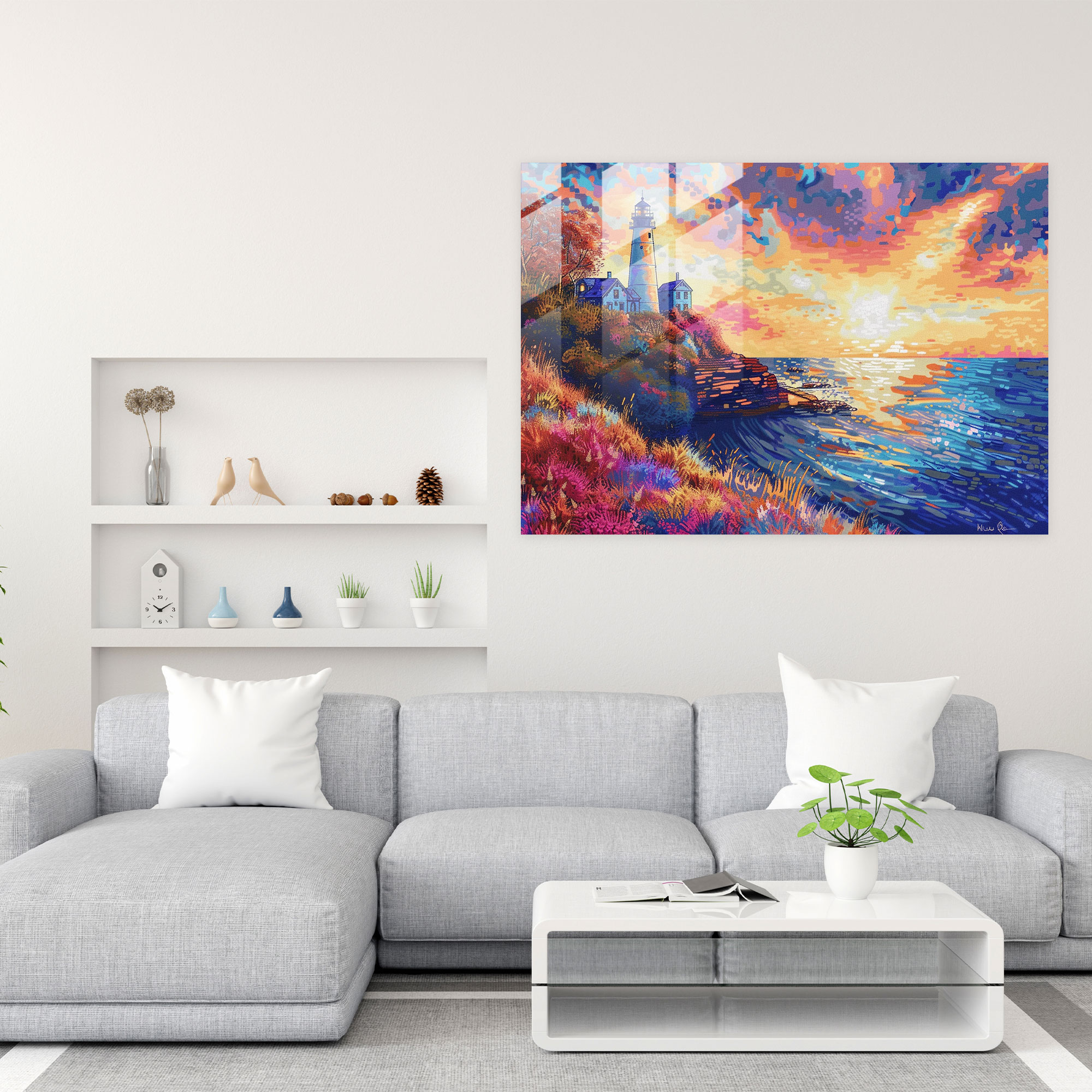 Seaside Lighthouse Pointillism Glass Art - Pointillism, Glass Art, Serene, Glass Print