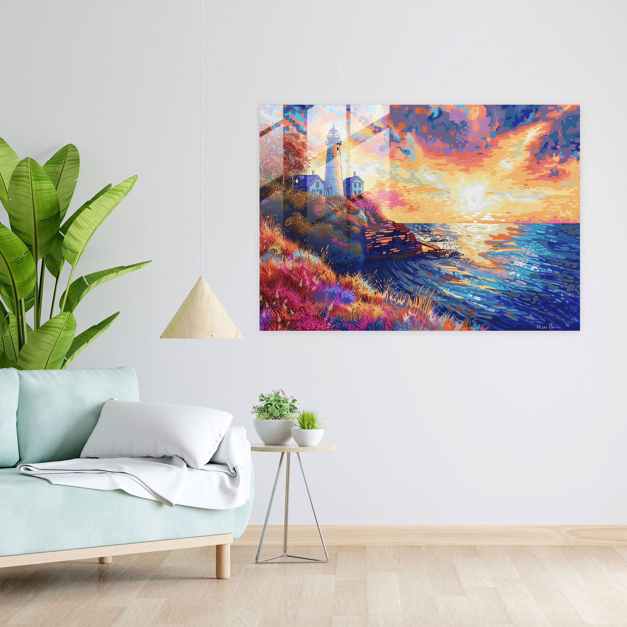 Seaside Lighthouse Pointillism Glass Art - Pointillism, Glass Art, Serene, Glass Print