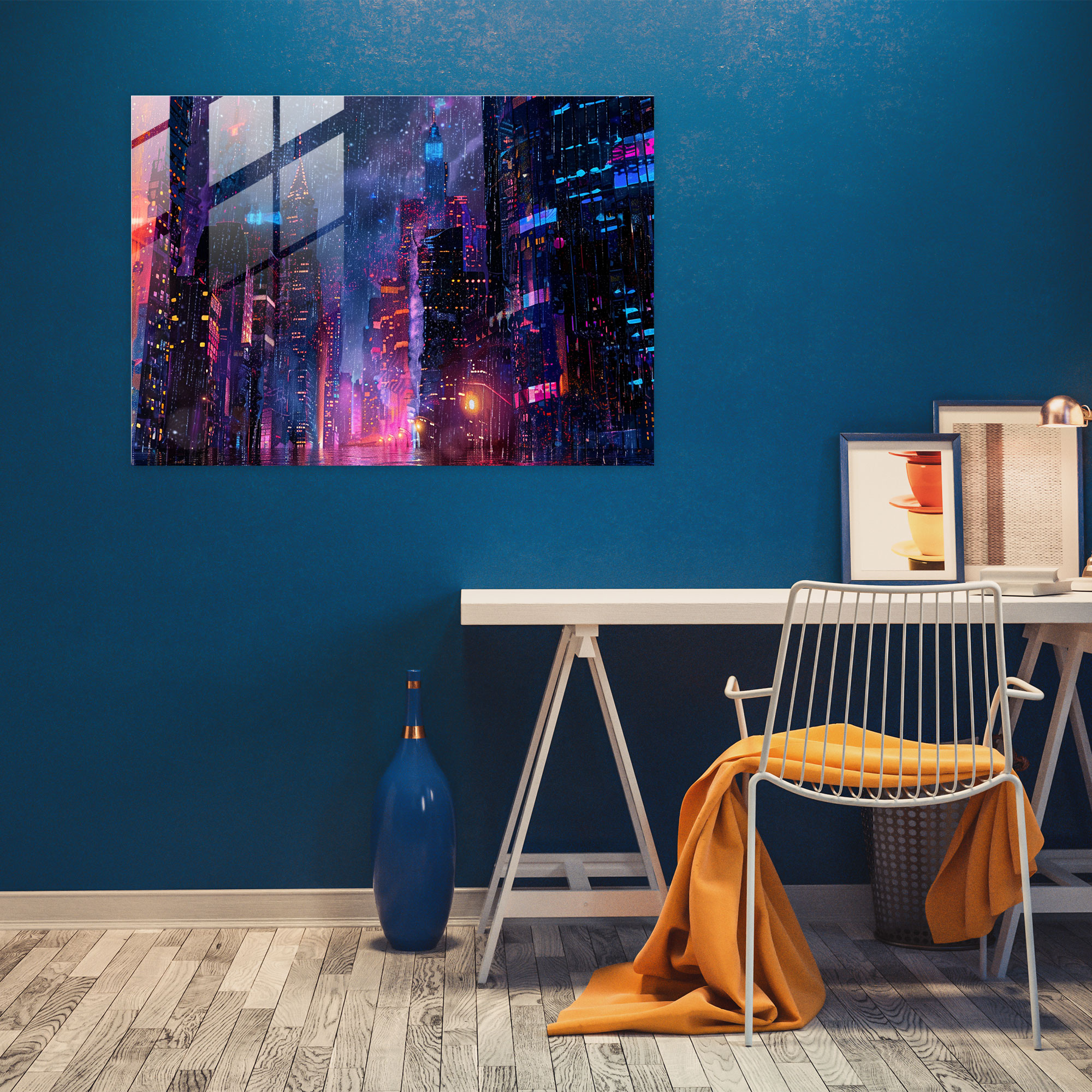 Cityscape Night Pointillism Wall Decoration - Pointillism, Modern Art, Glass Wall Art, Glass Print