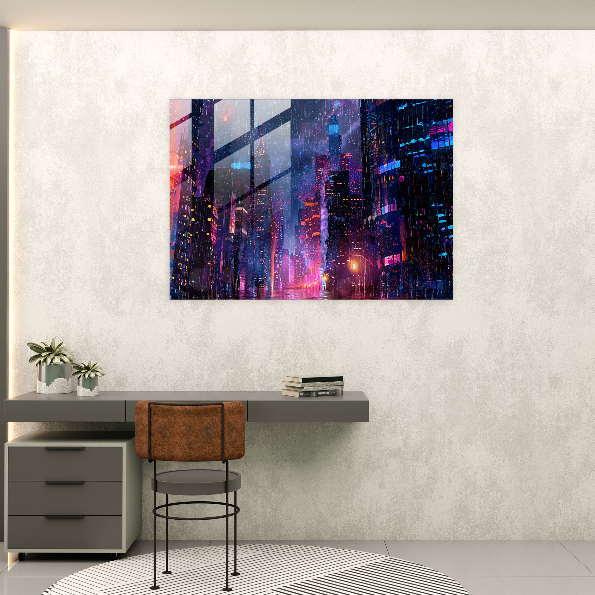 Cityscape Night Pointillism Wall Decoration - Pointillism, Modern Art, Glass Wall Art, Glass Print