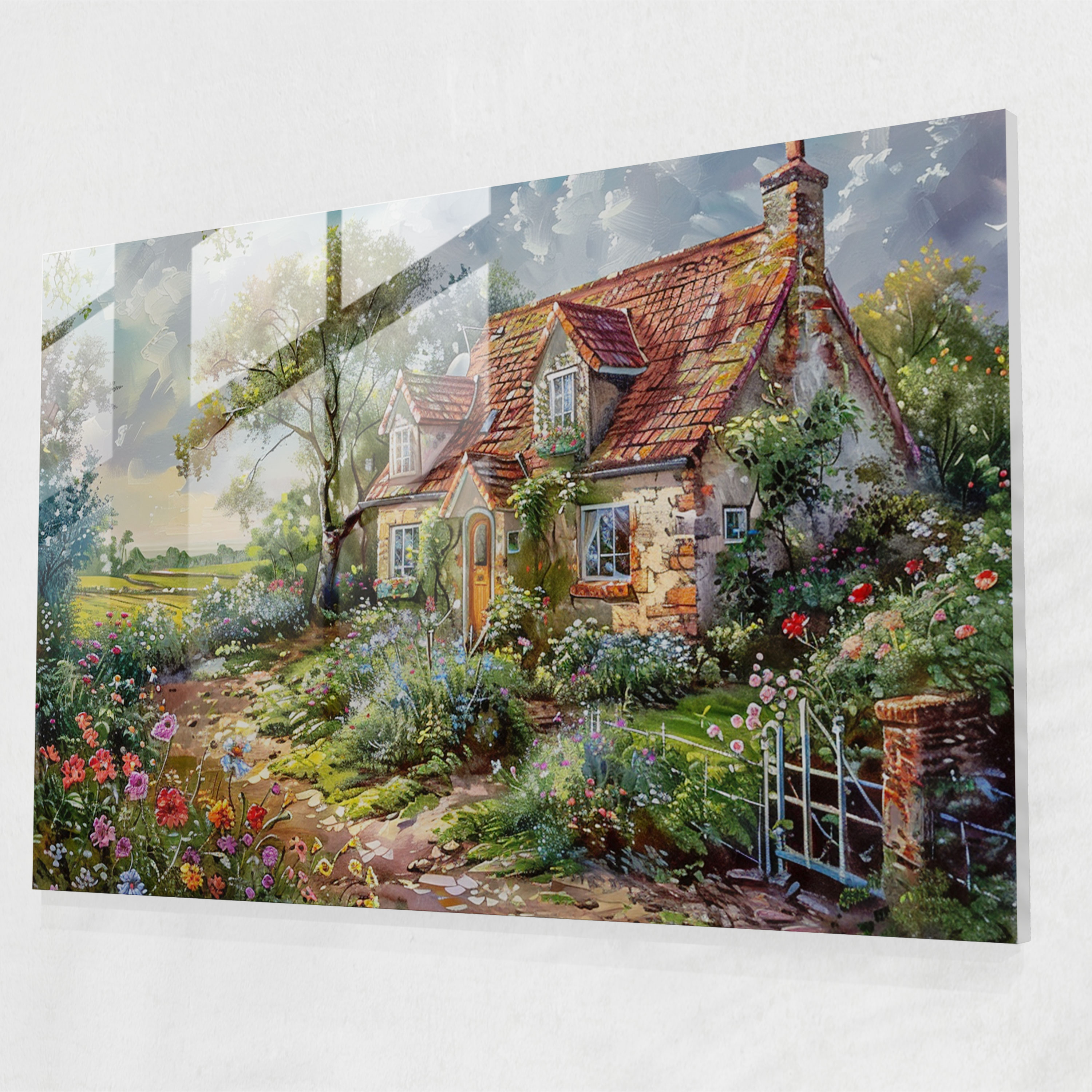 Country Cottage Pointillism Glass Wall Art - Pointillism, Pointillism, Village, Countryside