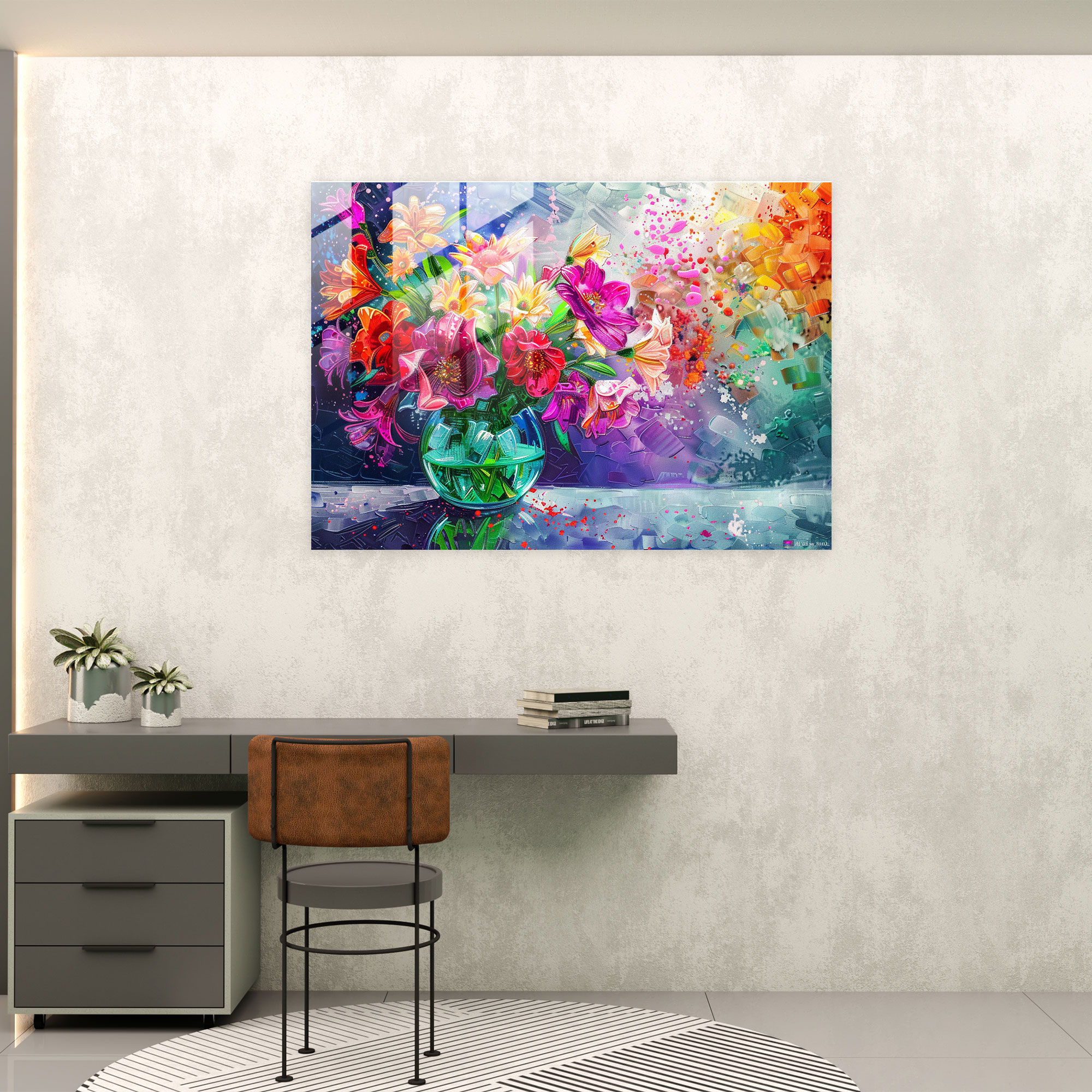 Pointillism Glass Wall Art: Colorful Flowers - Pointillism, Wall Decoration, Vase, Glass Print