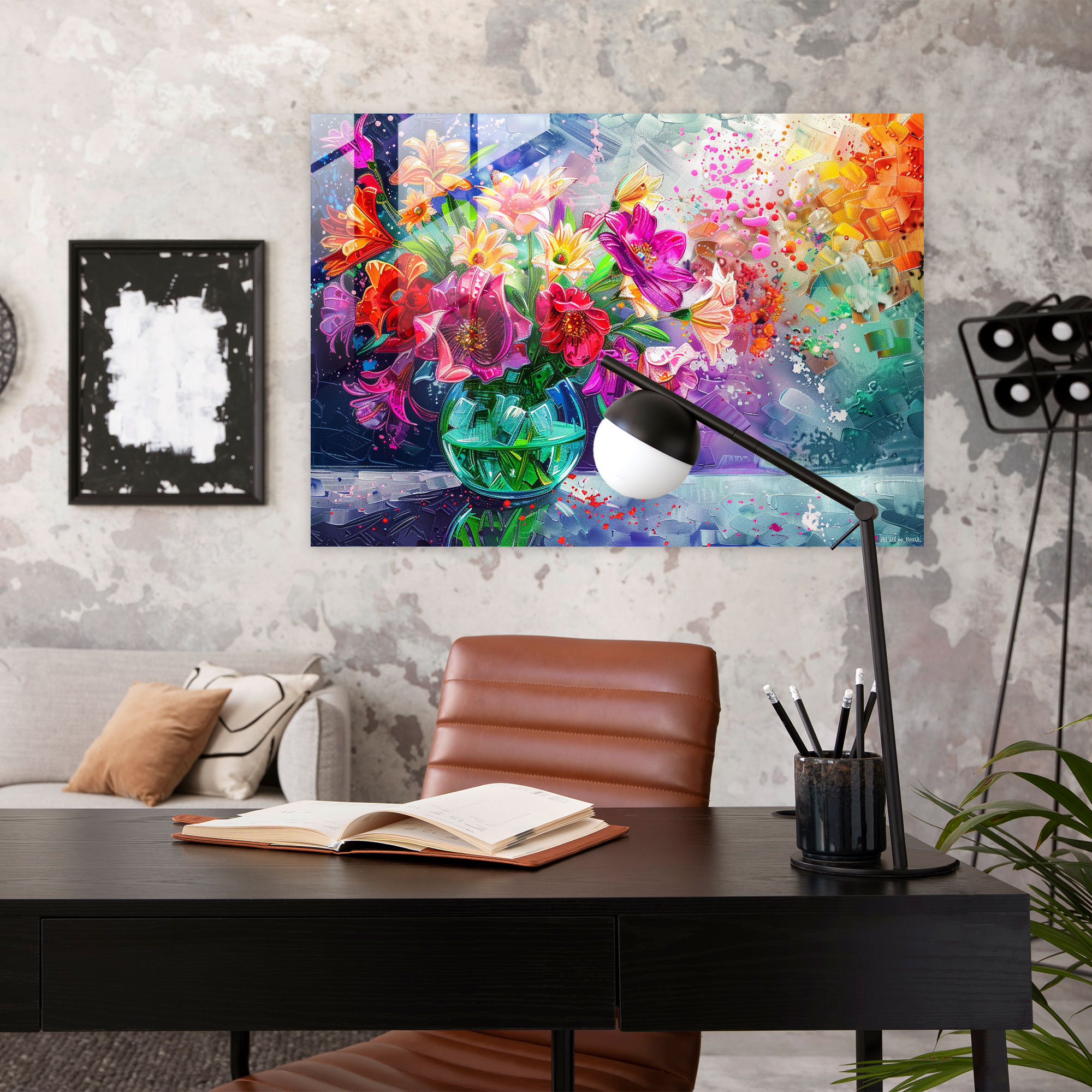 Pointillism Glass Wall Art: Colorful Flowers - Pointillism, Wall Decoration, Vase, Glass Print