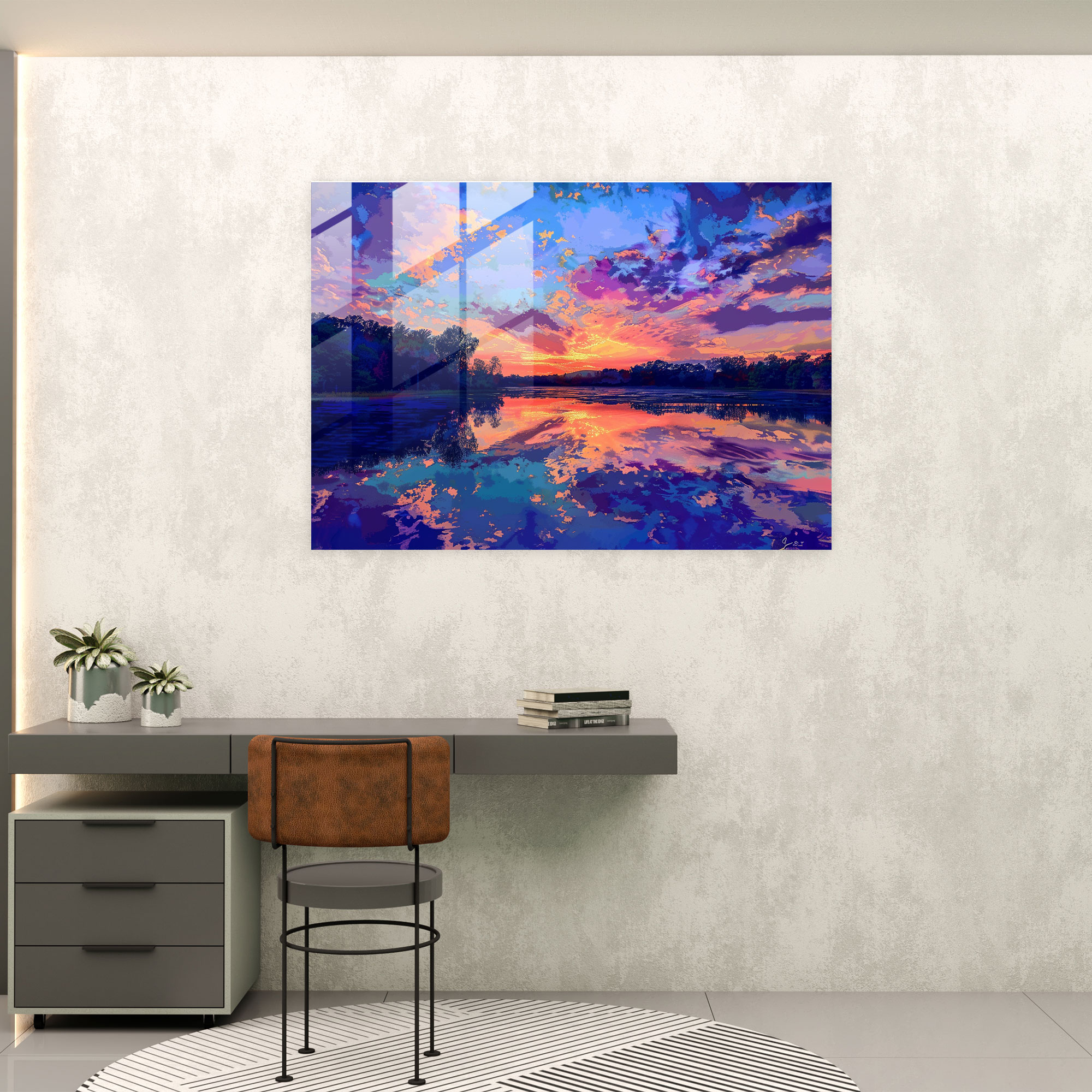 Pointillism Home Decoration: Sunset Lake - Pointillism, Pointillism, Wall Decoration, Glass Print