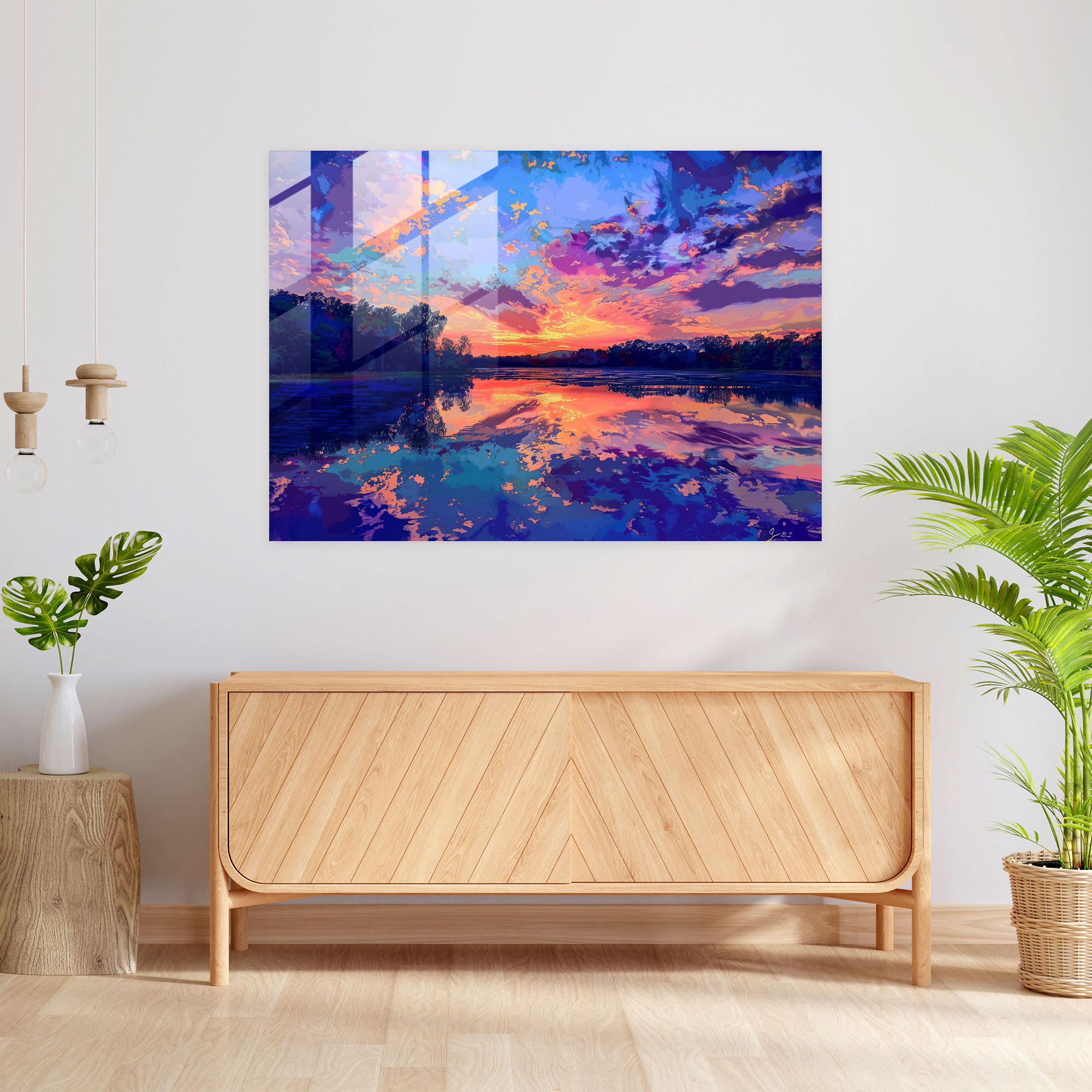 Pointillism Home Decoration: Sunset Lake - Pointillism, Pointillism, Wall Decoration, Glass Print