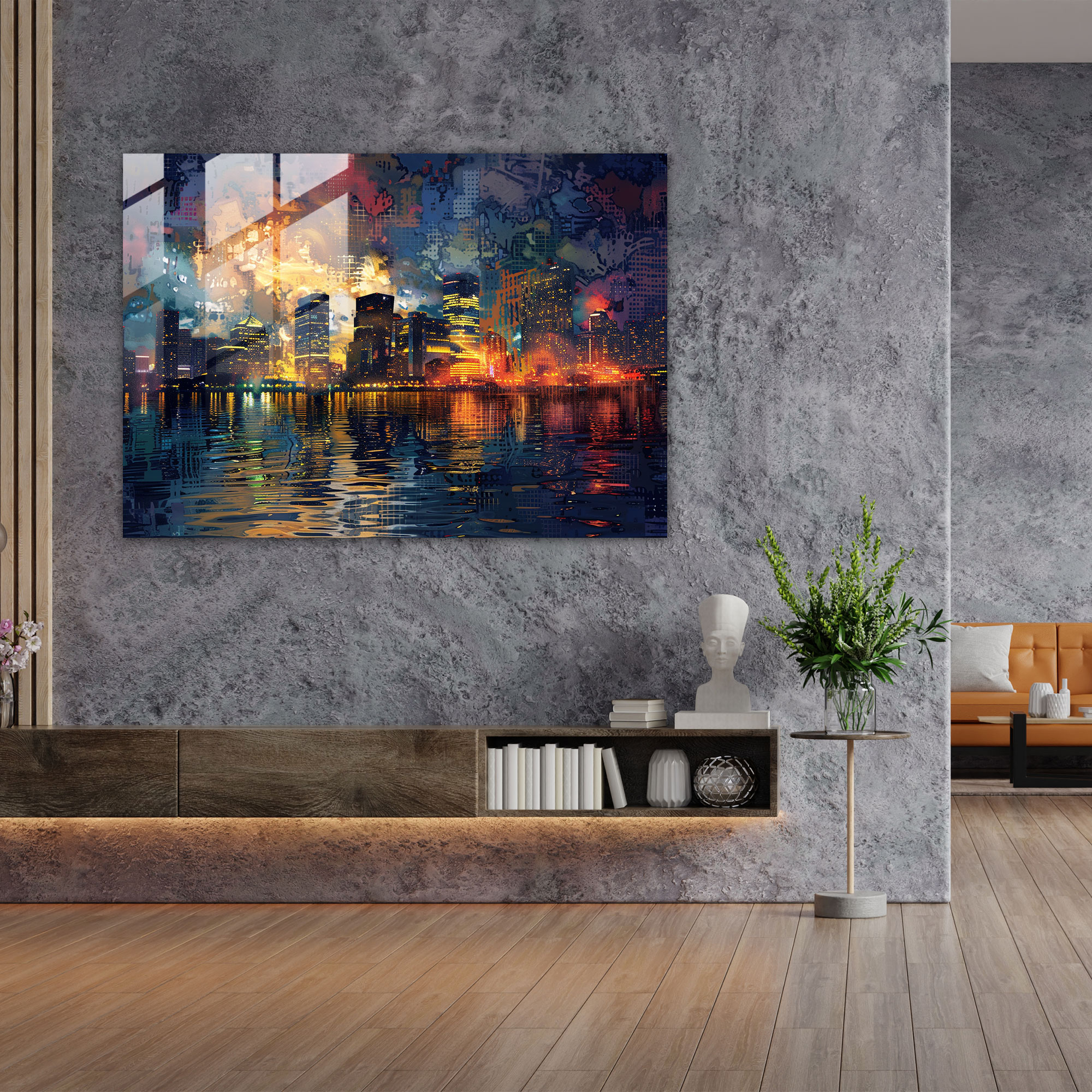 Pointillism Glass Art: City Skyline - Pointillism, City Skyline, Home Decoration, Night