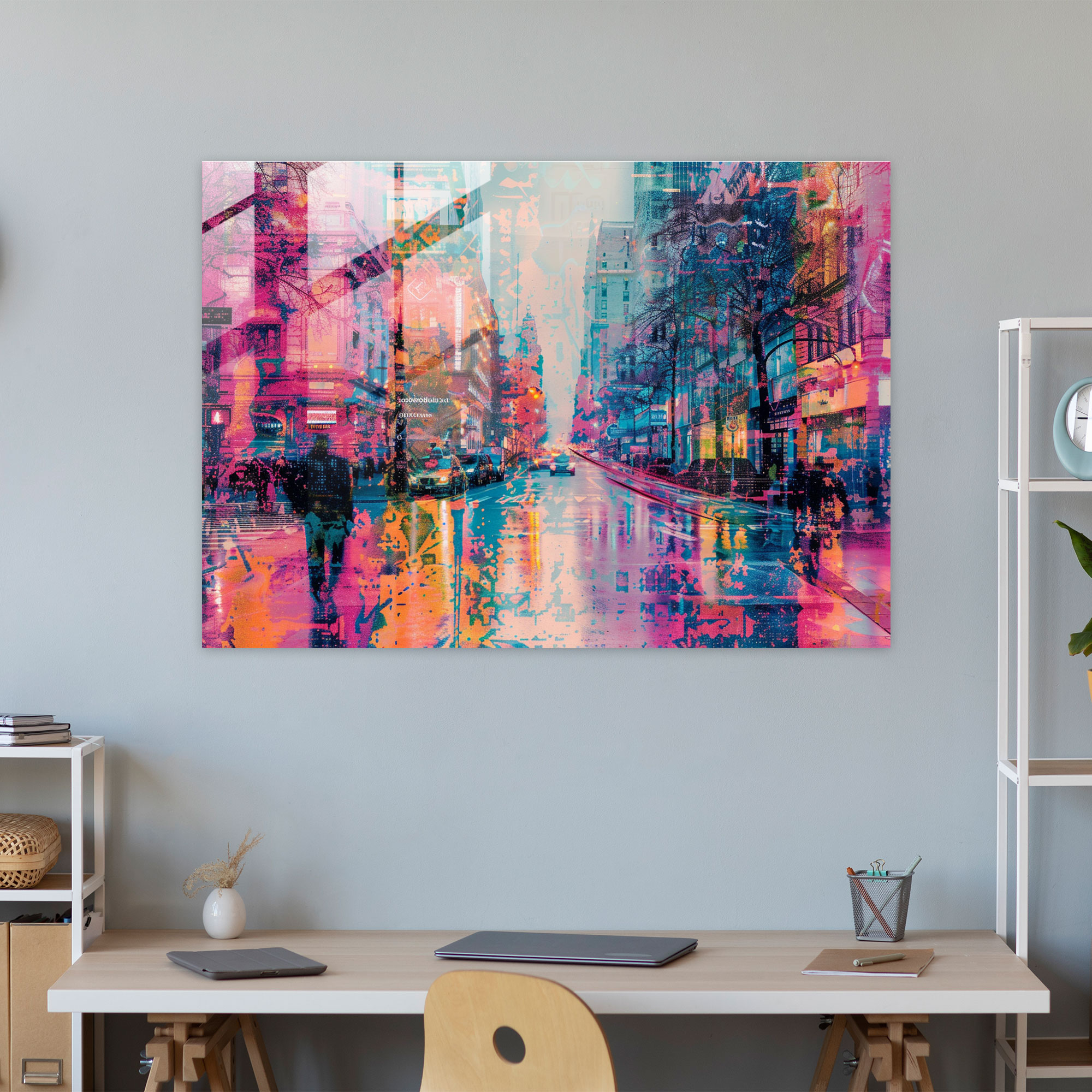 Pointillism Home Decoration: City Street - Pointillism, Glass Art, Modern Art, Glass Wall Art