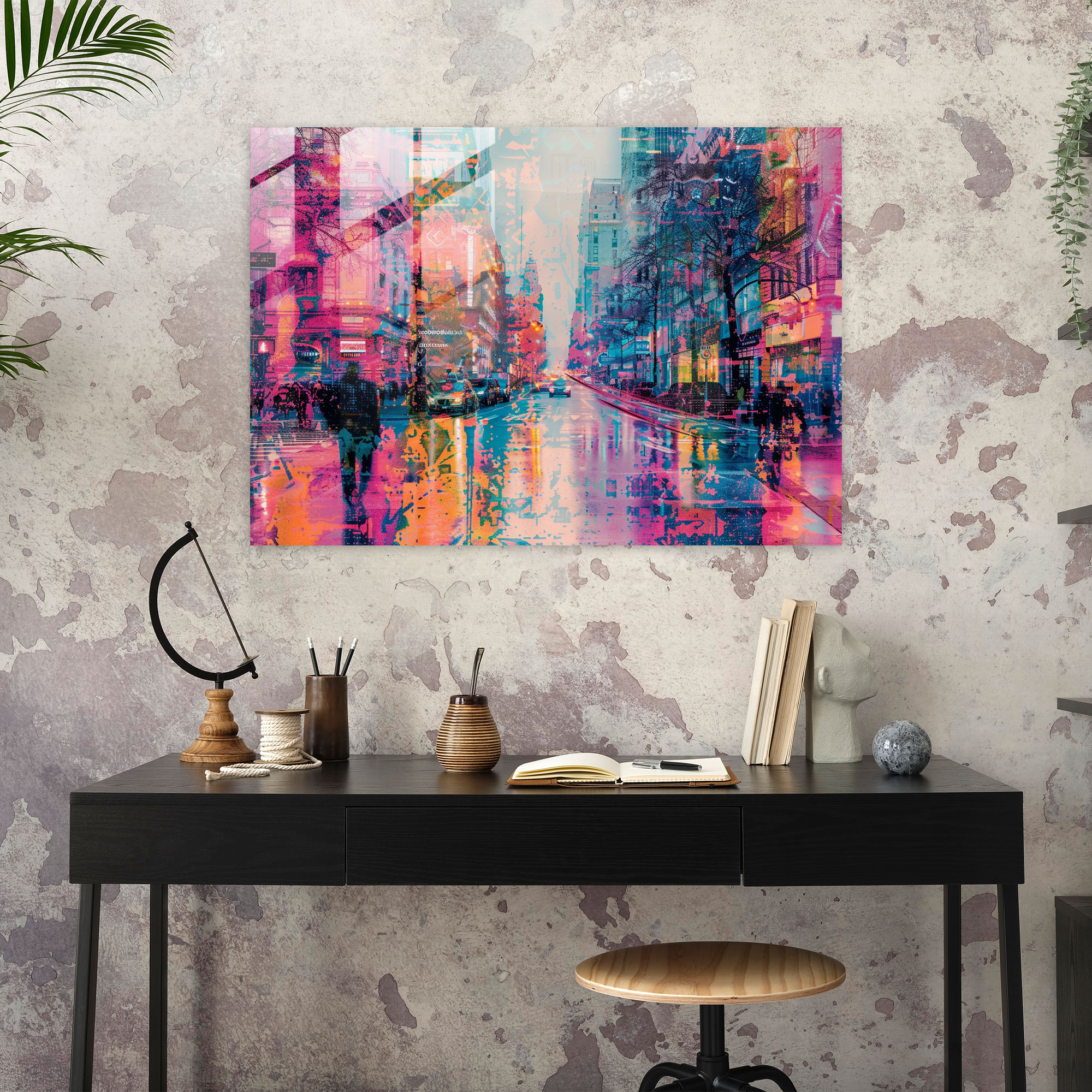 Pointillism Home Decoration: City Street - Pointillism, Glass Art, Modern Art, Glass Wall Art